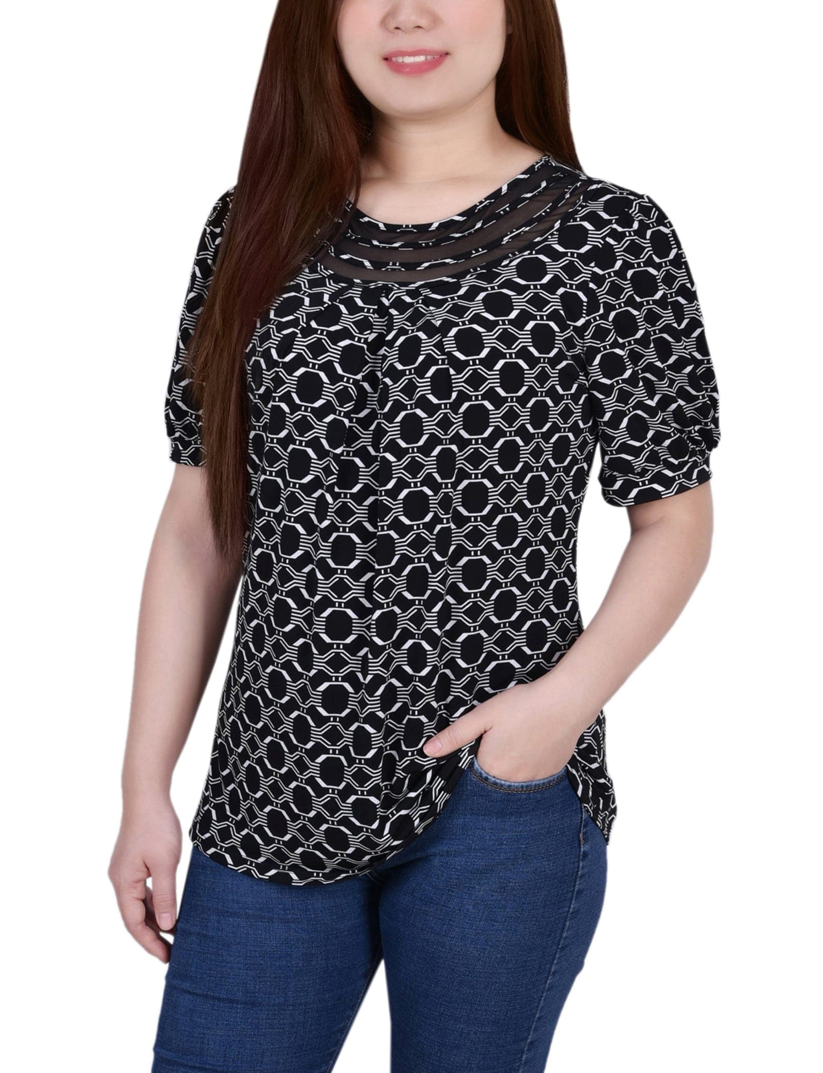 Petite Short Puff Sleeve Sheer Inset Top