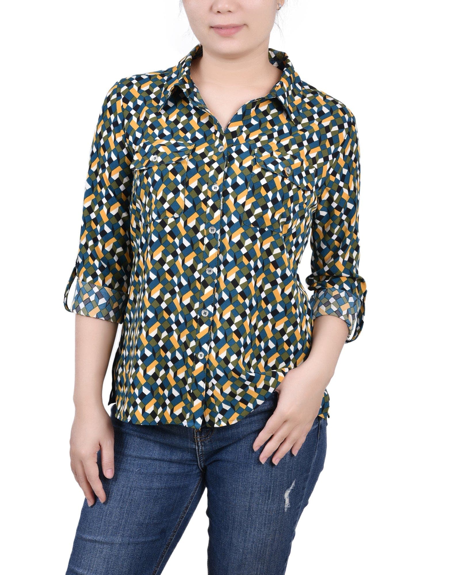 Petite 3/4 Roll Tab Blouse with Pockets