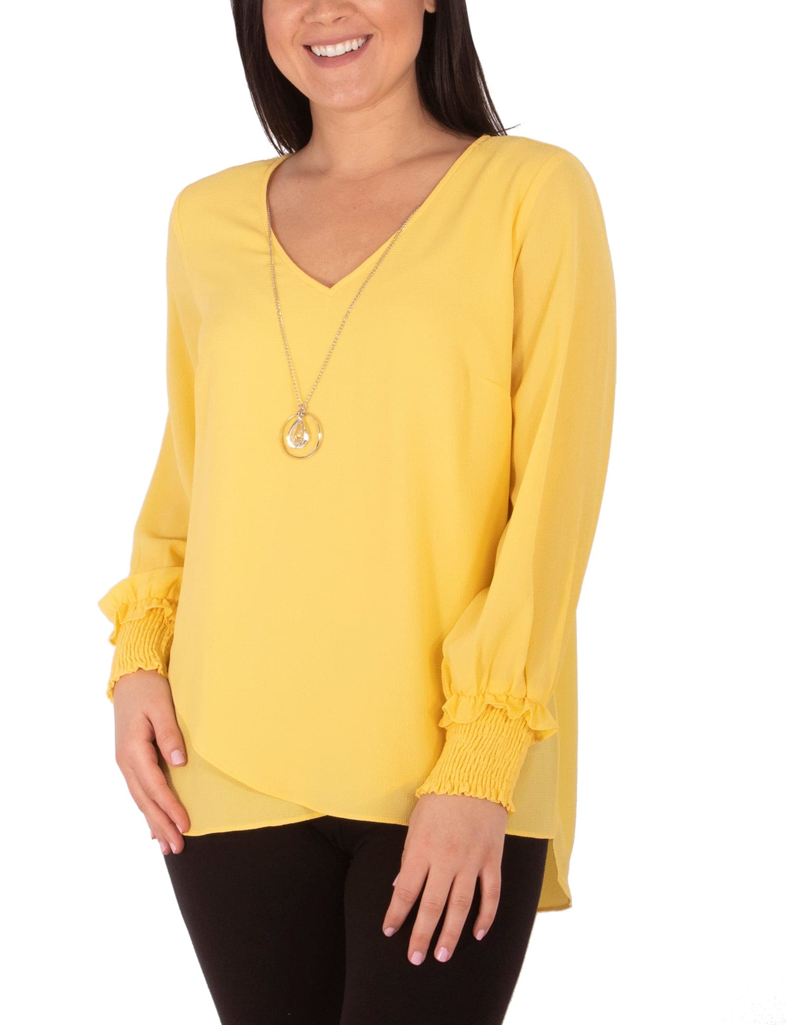 Petite Long Sleeve Overlapping Crepe Blouse with Necklace