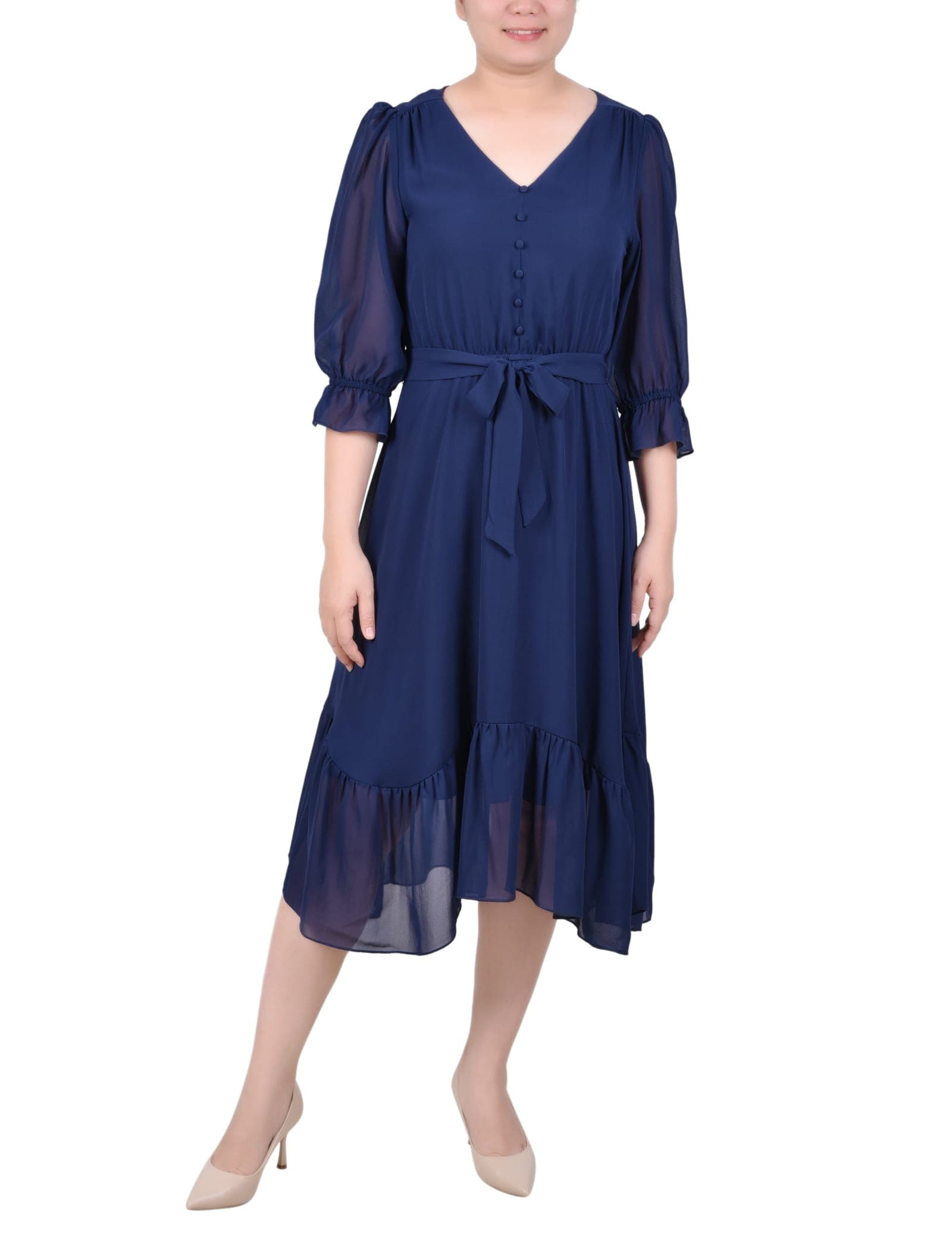 Petite 3/4 Sleeve V-Neck Flounced Dress