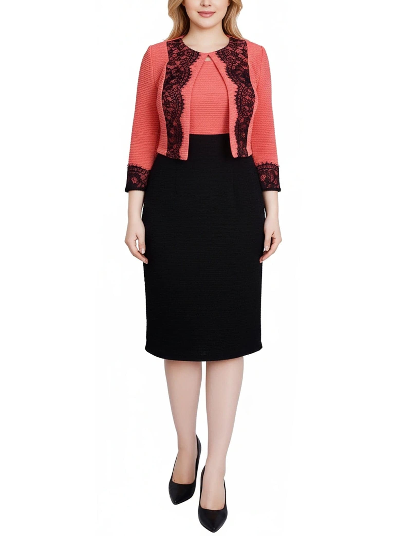 Lace-Detail Two Piece Textured Knit Dress Set