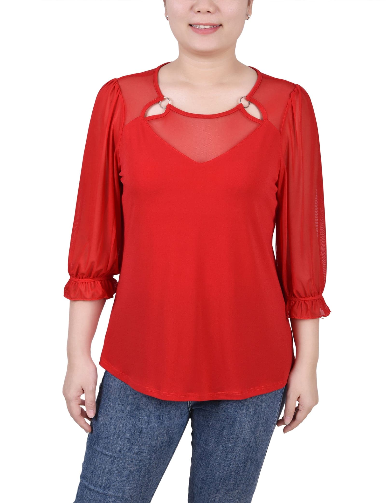 Petite 3/4 Sleeve Ringed Top with Mesh