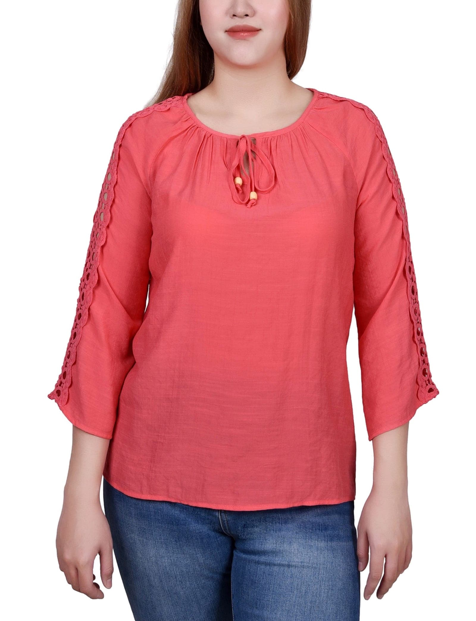 Petite 3/4 Sleeve Crochet Detail Blouse