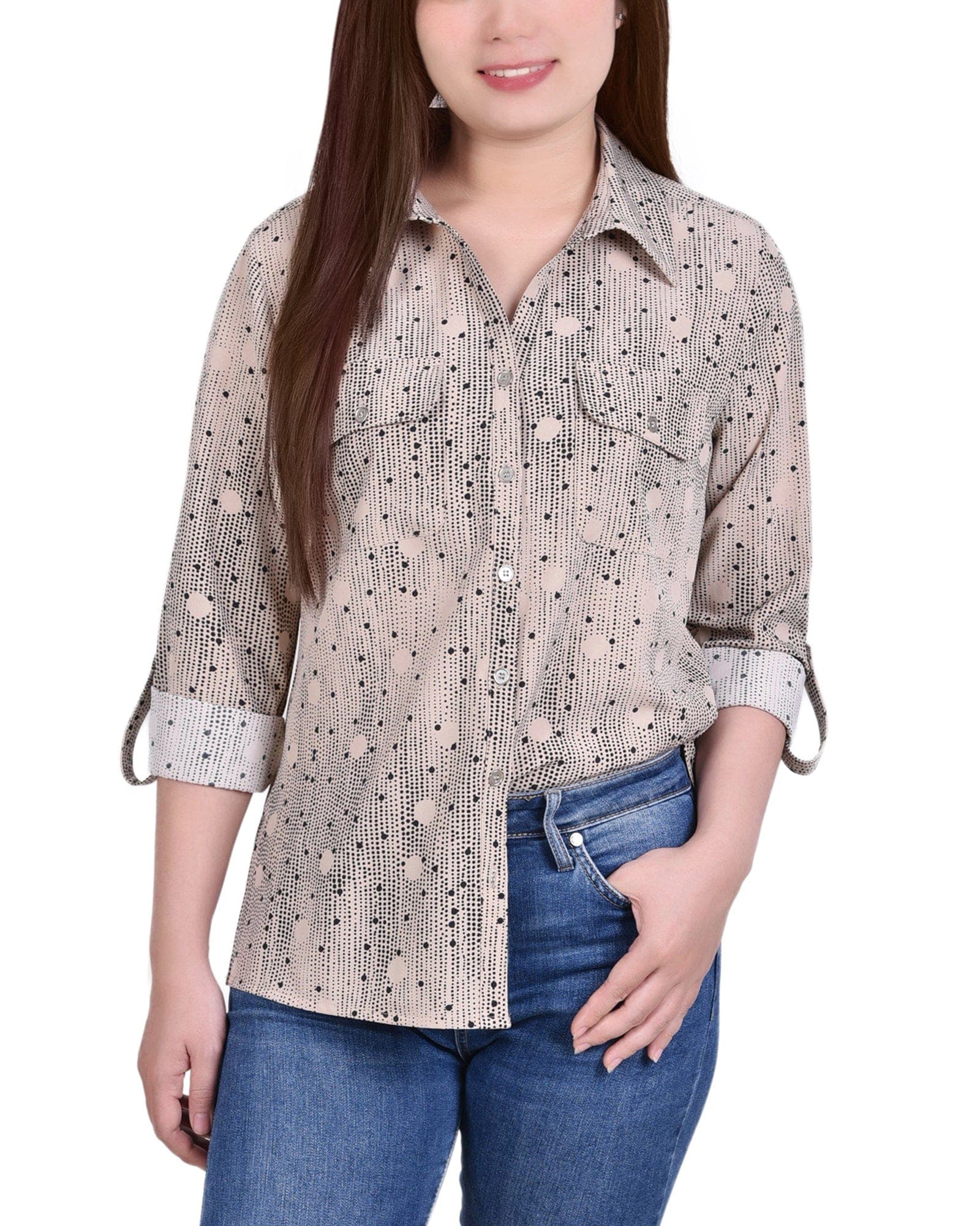 Petite 3/4 Roll Tab Blouse with Pockets