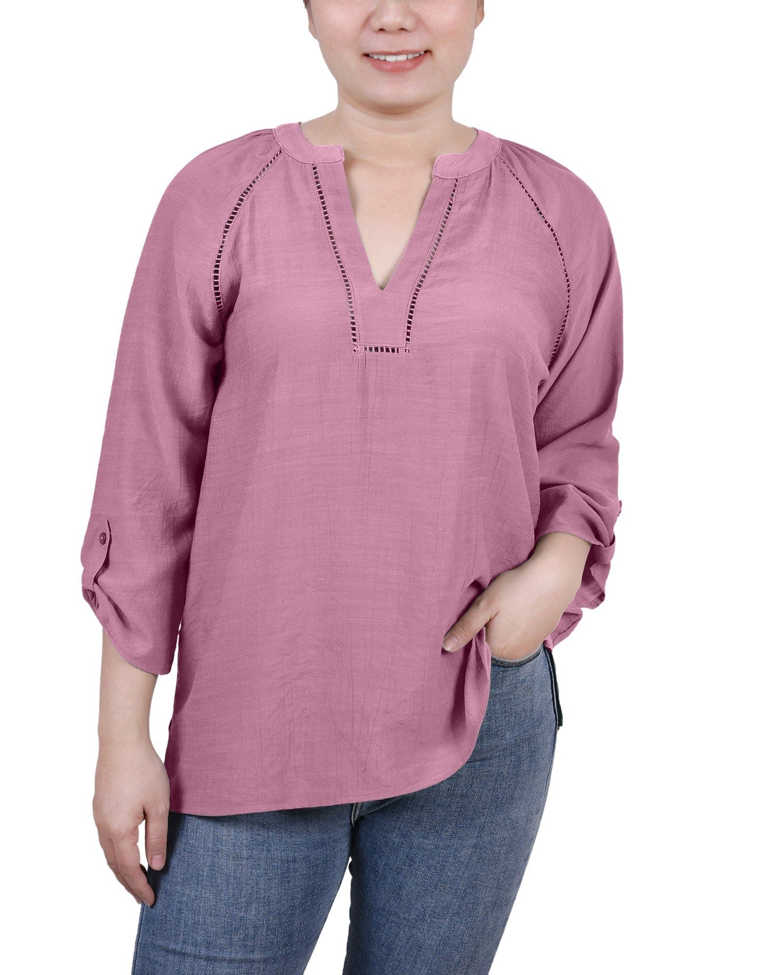 Raglan Sleeve Split-Neck Blouse