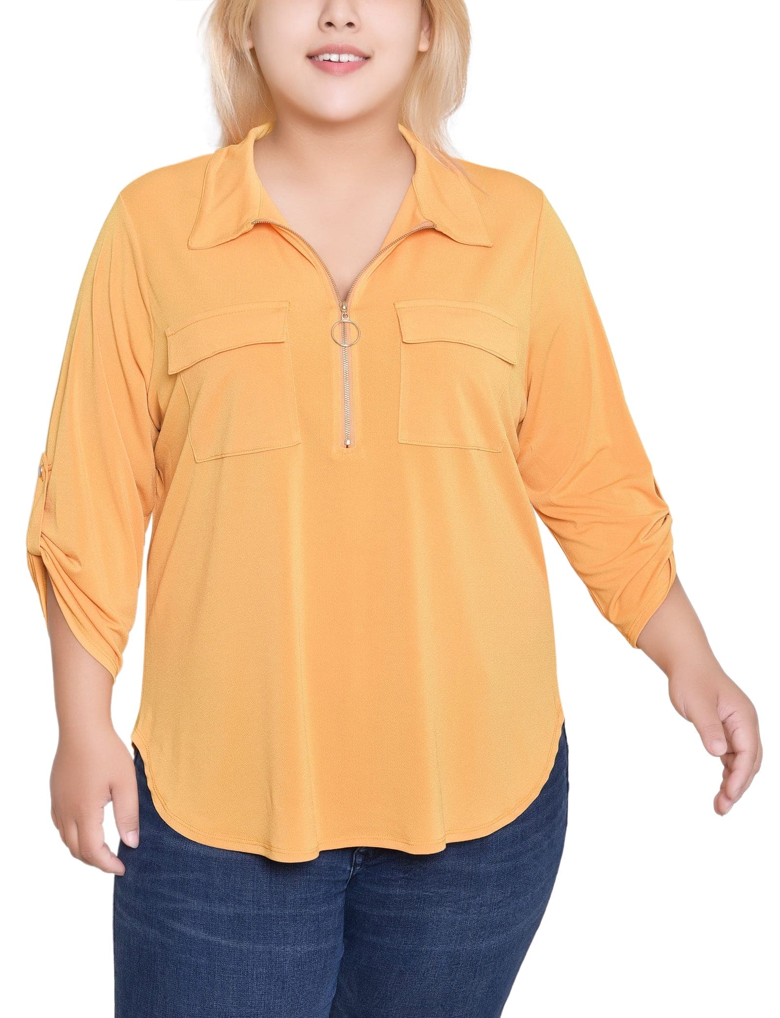 Plus Size 3/4 Roll Tab Zip Front Top