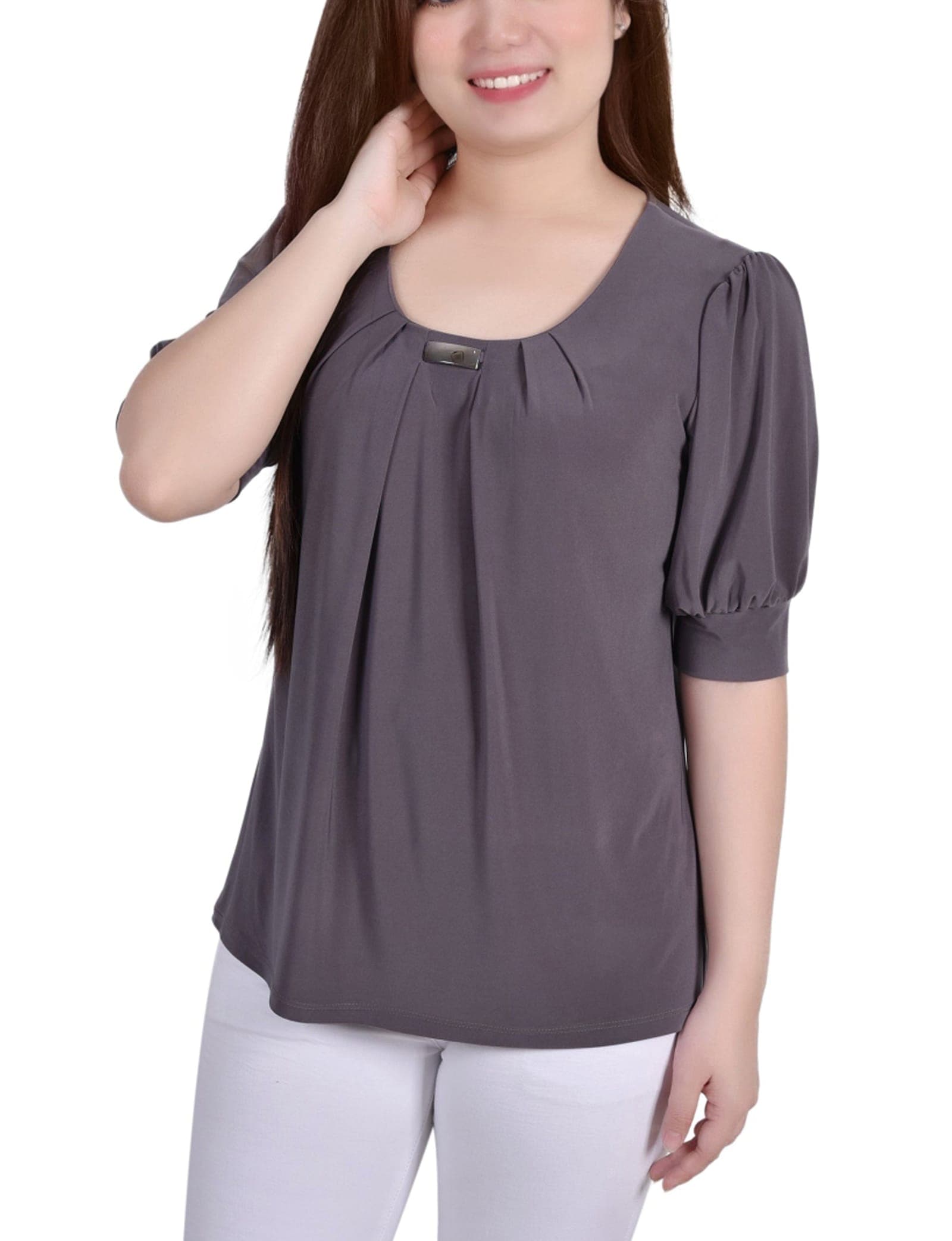 Short Sleeve Balloon Sleeve Top with Hardware