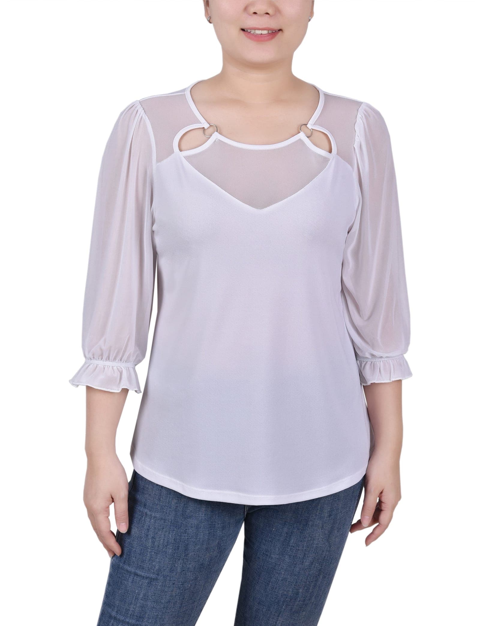 Petite 3/4 Sleeve Ringed Top with Mesh