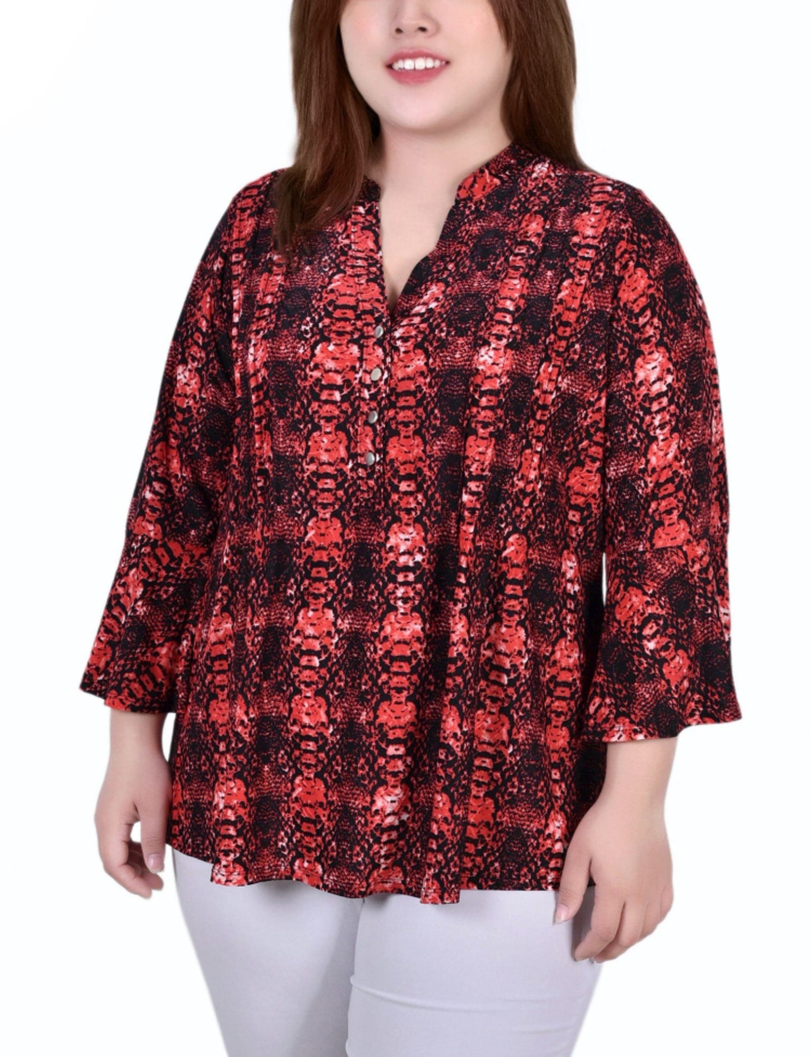 Plus Size 3/4 Bell Sleeve Pleat Front Y Neck Top