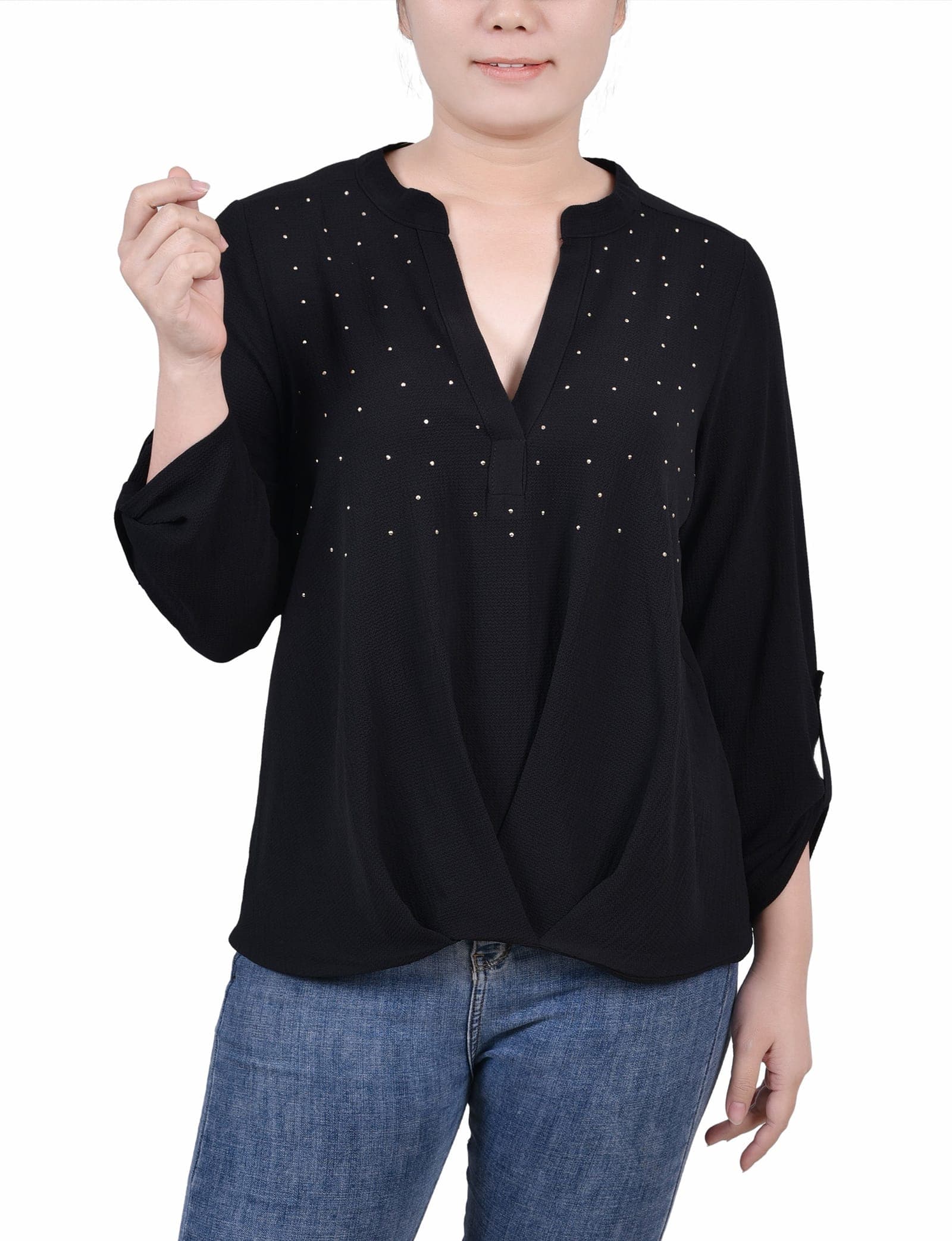 Petite 3/4 Sleeve Mandarin Collar Blouse with Front Pleats