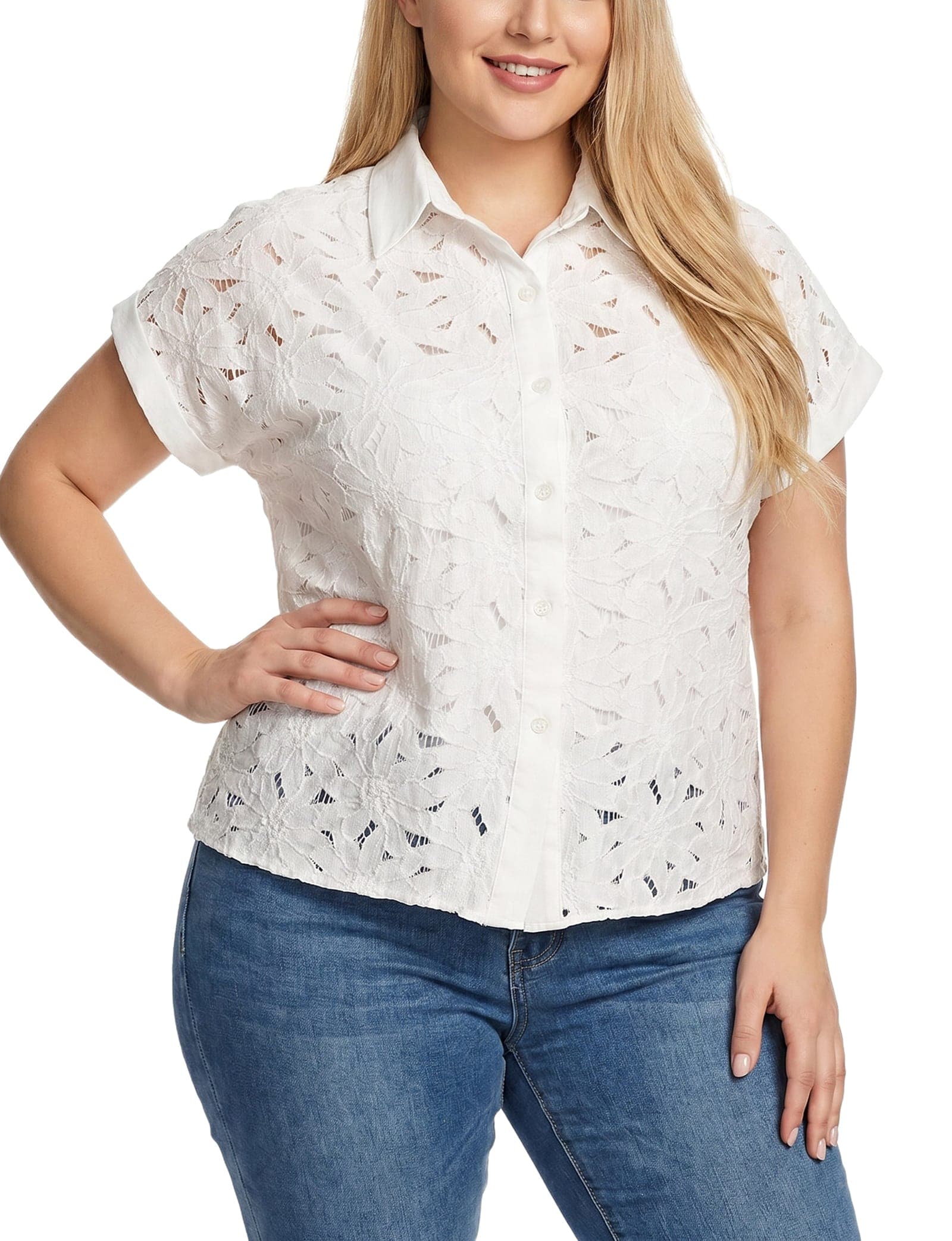 Plus Size Short Sleeve Eyelet Blouse