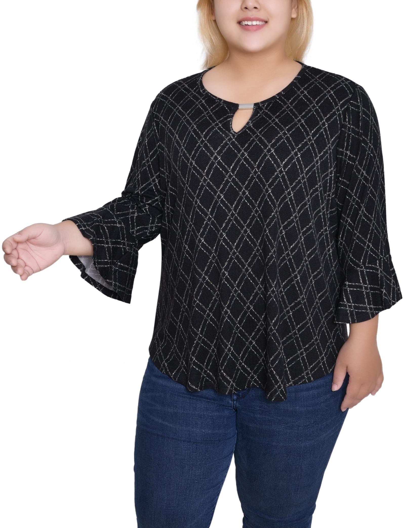 Plus Size 3/4 Bell Sleeve Top with Hardware