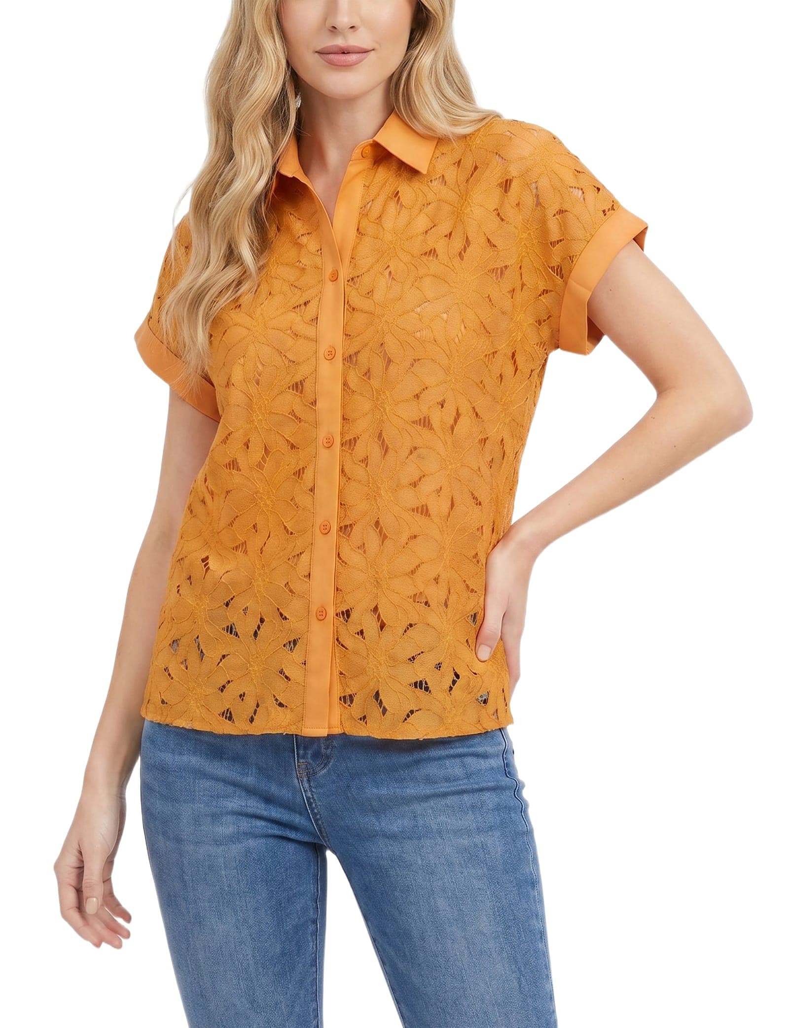 Petite Short Sleeve Eyelet Blouse
