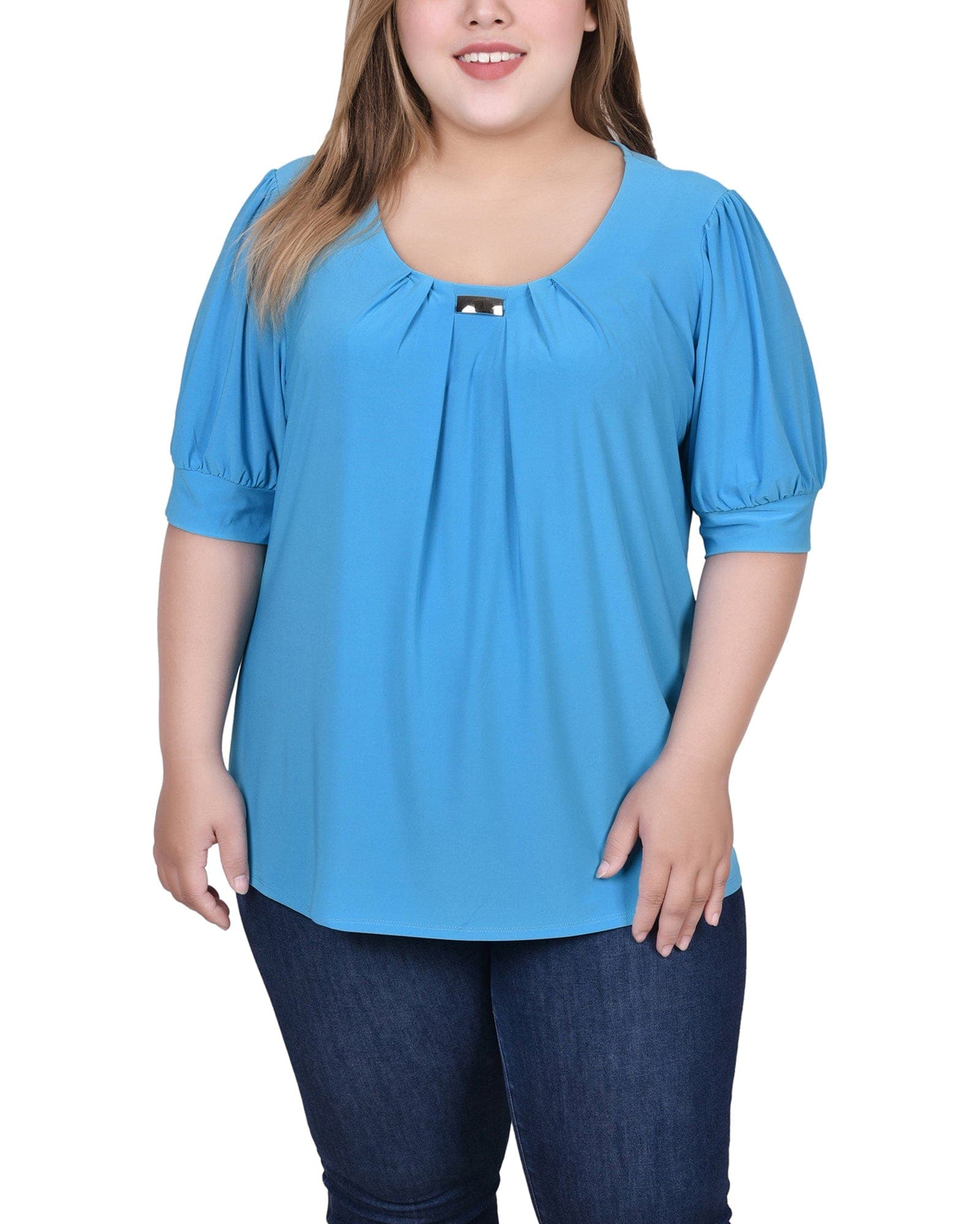 Plus Size Short Sleeve Balloon Sleeve Top with Hardware