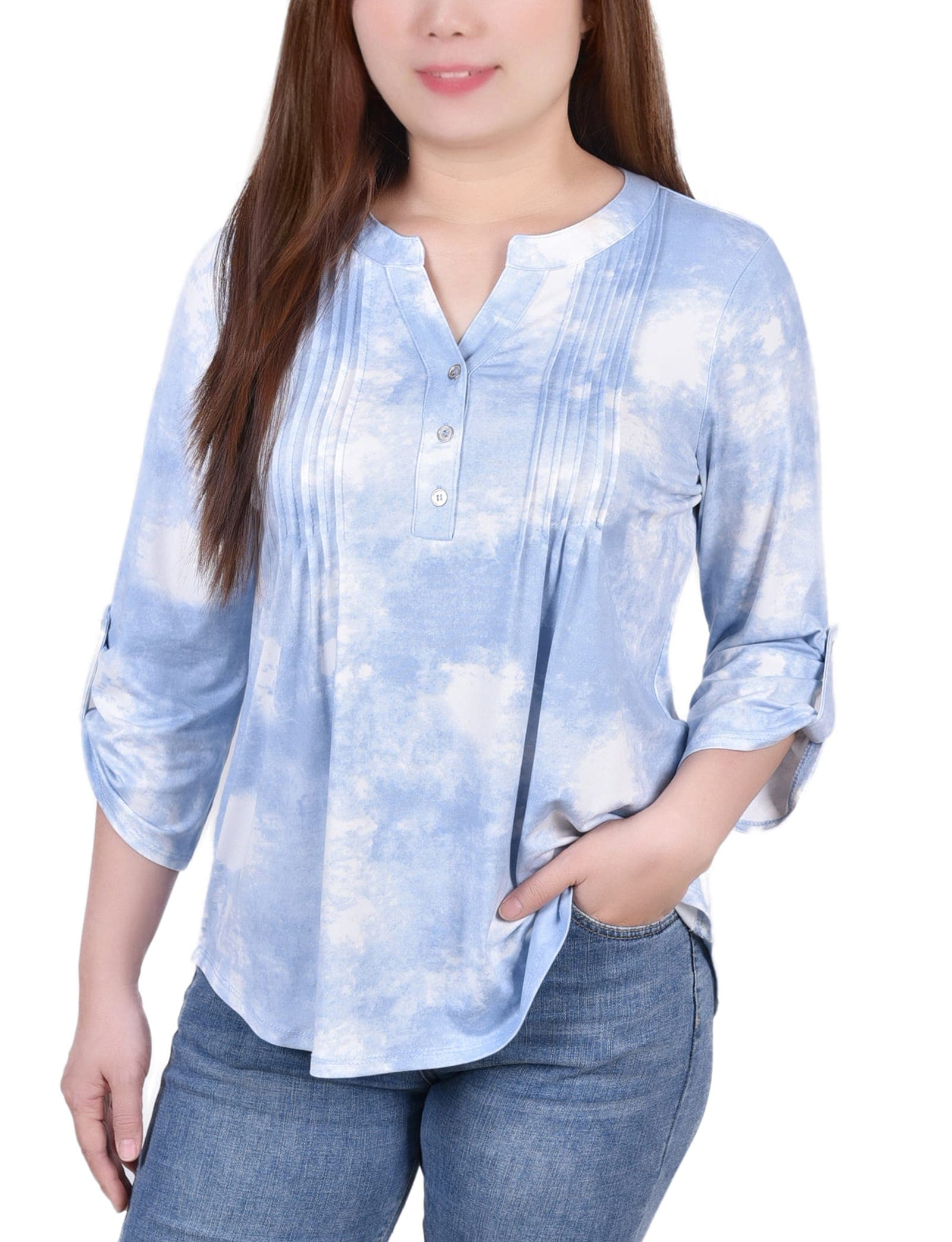 Petite Knit Jacquard 3/4 Sleeve Roll Tab Top