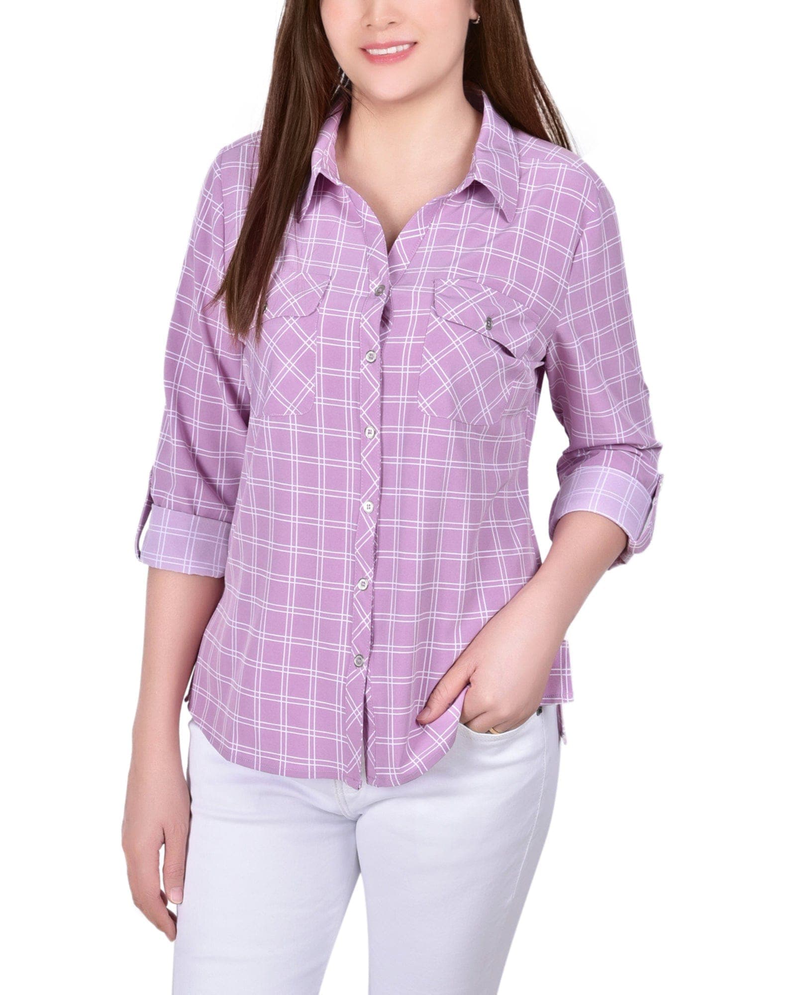 Petite 3/4 Roll Tab Blouse with Pockets
