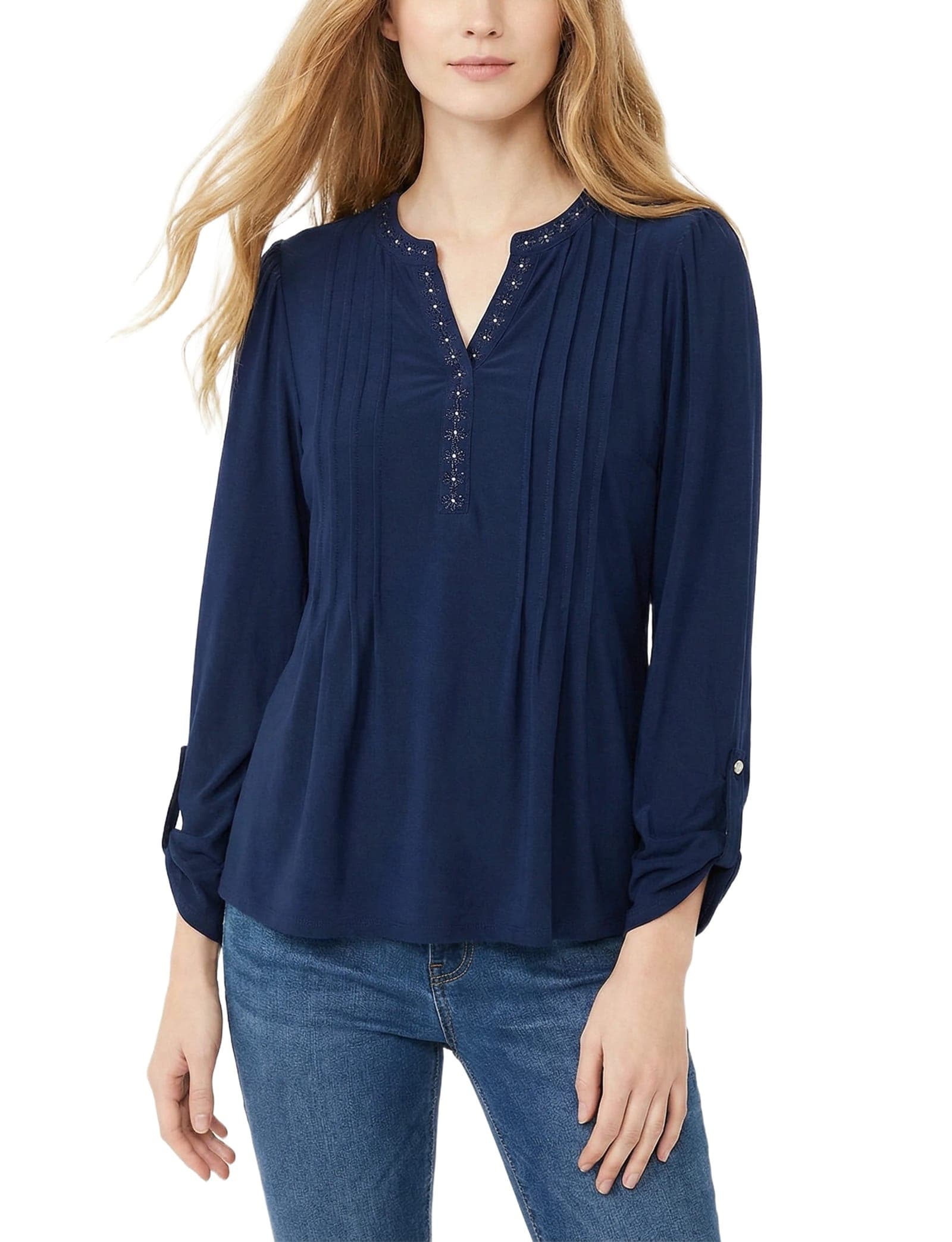 Petite Long Sleeve Pleat Front Roll Tab Top