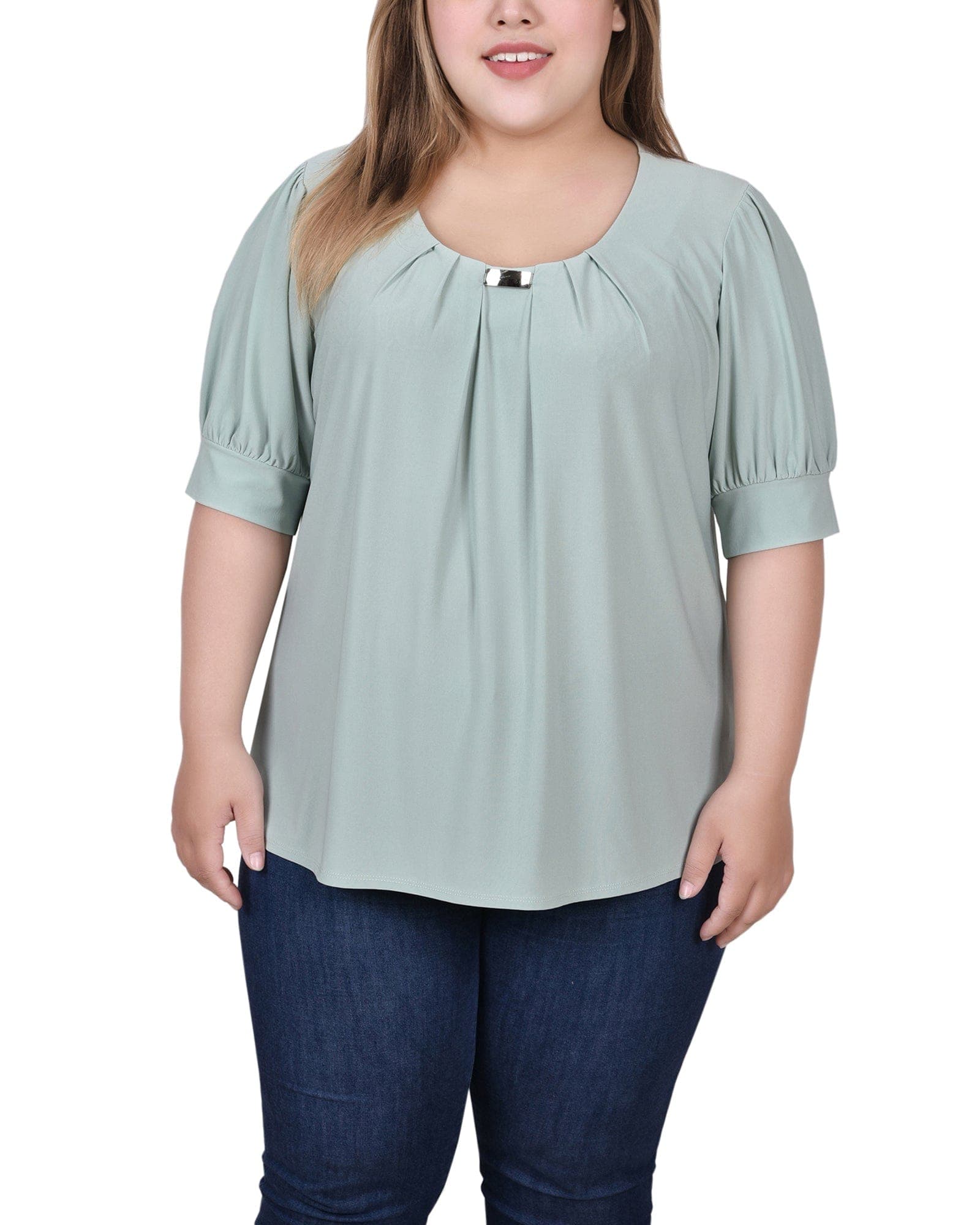 Plus Size Short Sleeve Balloon Sleeve Top with Hardware