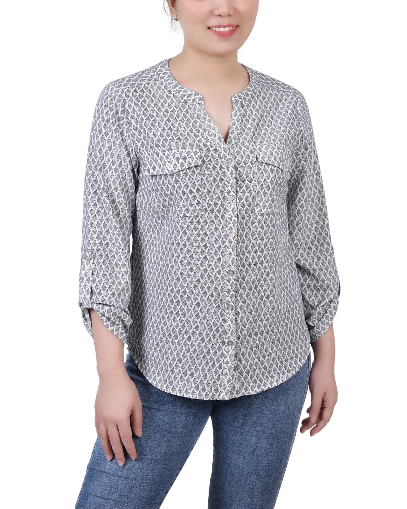 Petite 3/4 Sleeve Roll Tab Y Neck Blouse