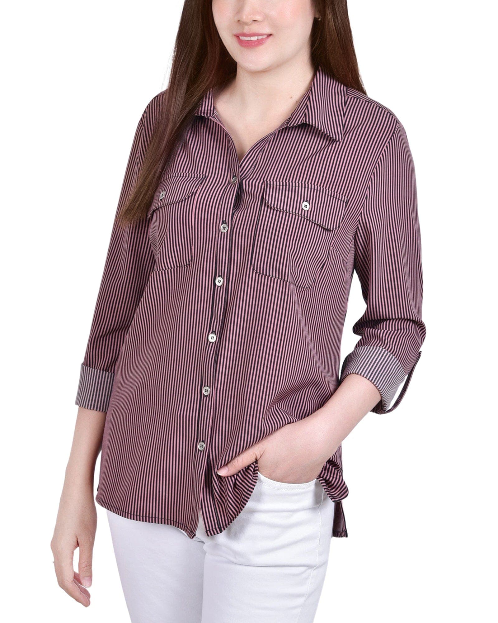 Petite 3/4 Roll Tab Blouse with Pockets