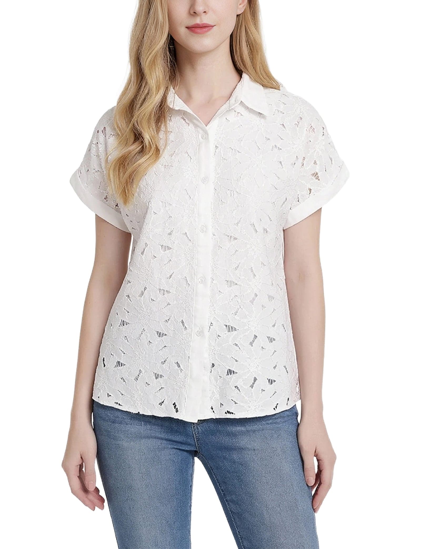 Petite Short Sleeve Eyelet Blouse