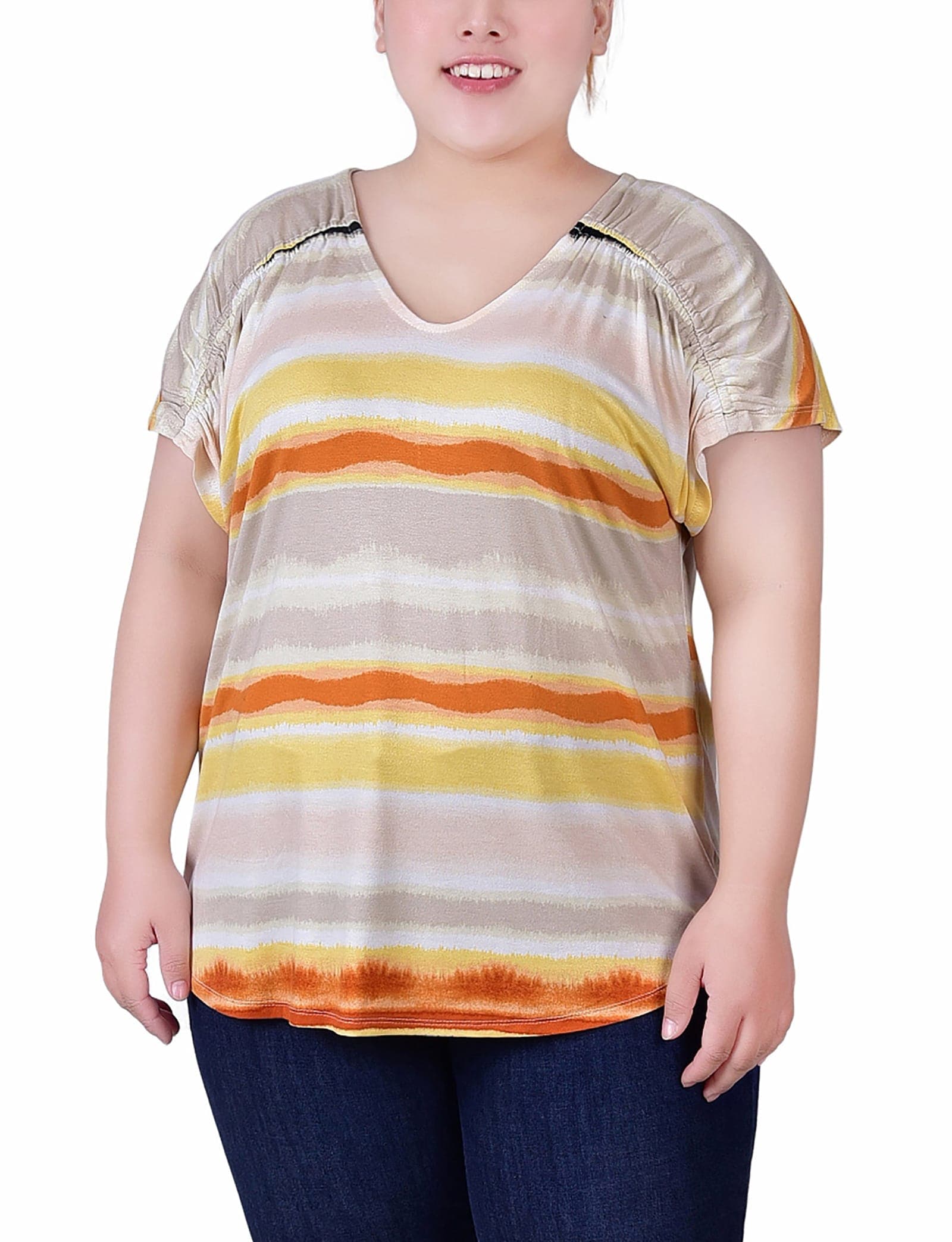 Plus Size Short Sleeve Striped V-Neck Top