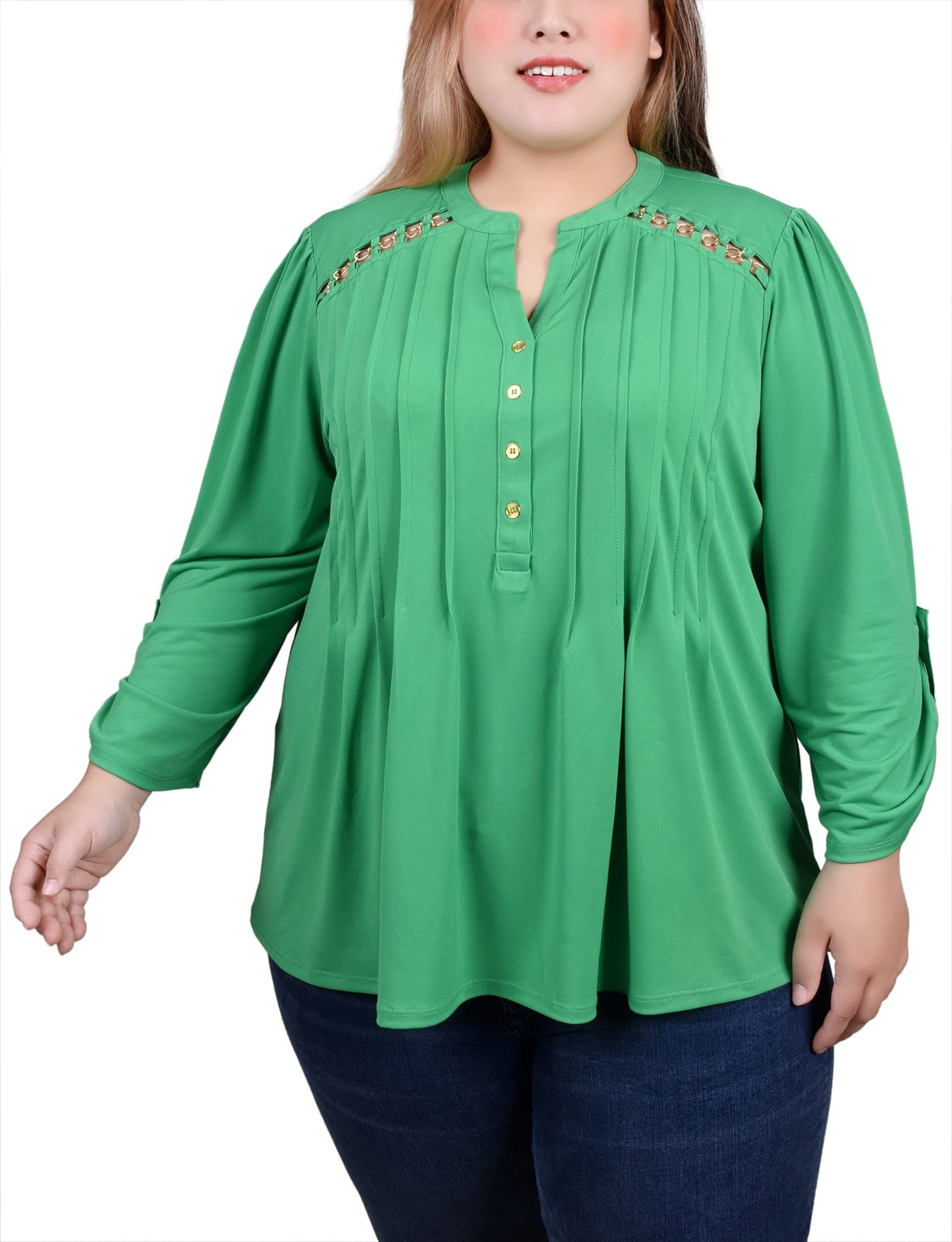 Petite Long Sleeve Pintuck Front Top with Chain Details