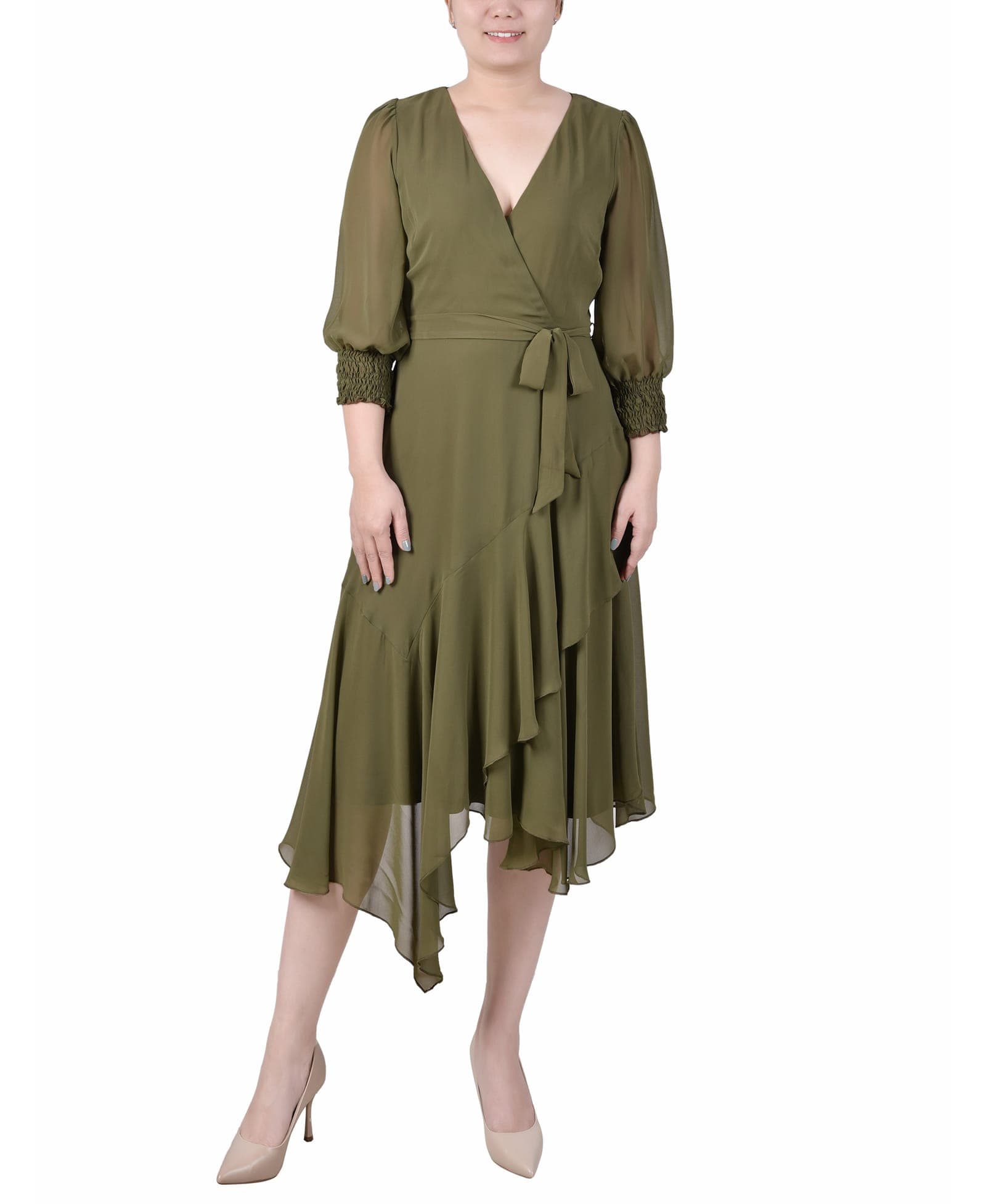 3/4 Sleeve Belted Chiffon Handkerchief Hem Dress