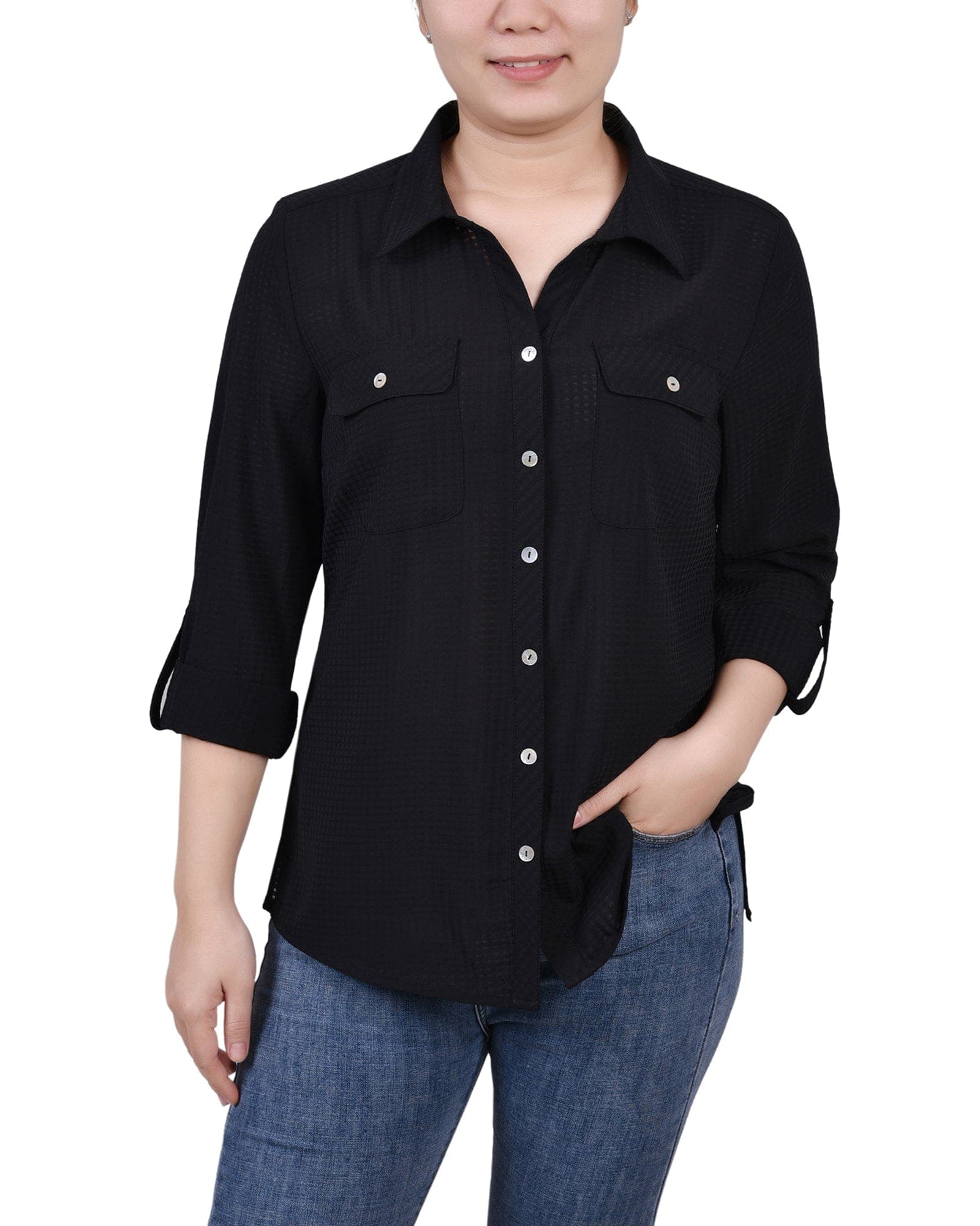 3/4 Sleeve Windowpane Blouse