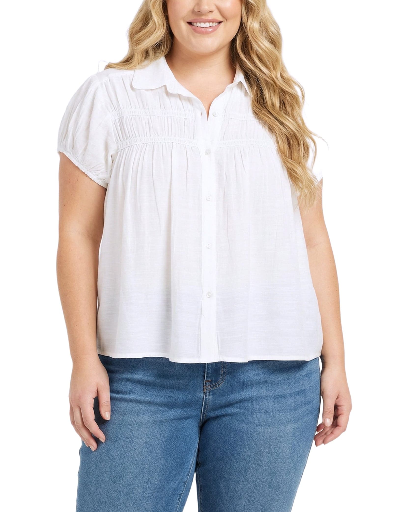 Plus Size Cap Slv Rouched Yoke Blouse