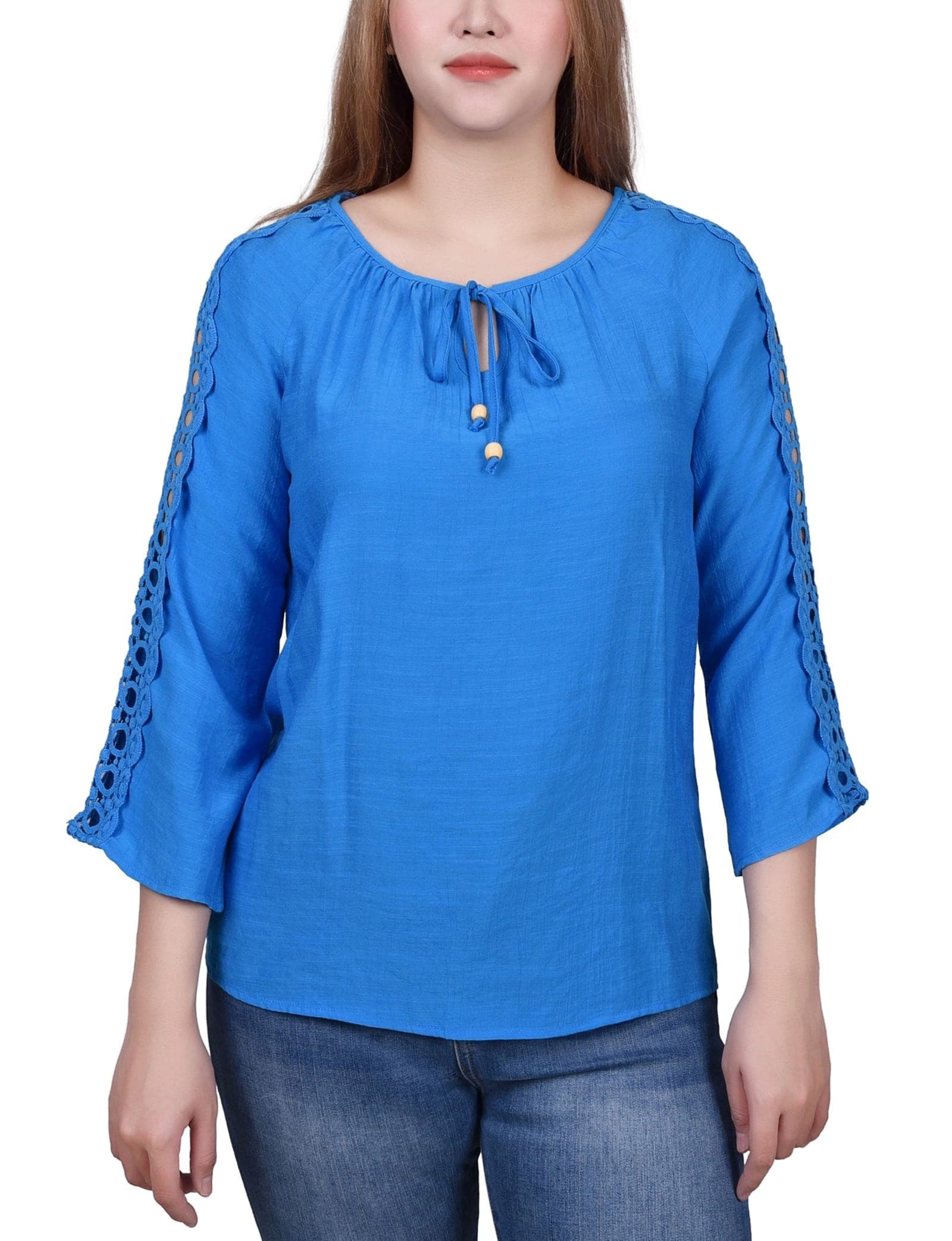 Petite 3/4 Sleeve Crochet Detail Blouse