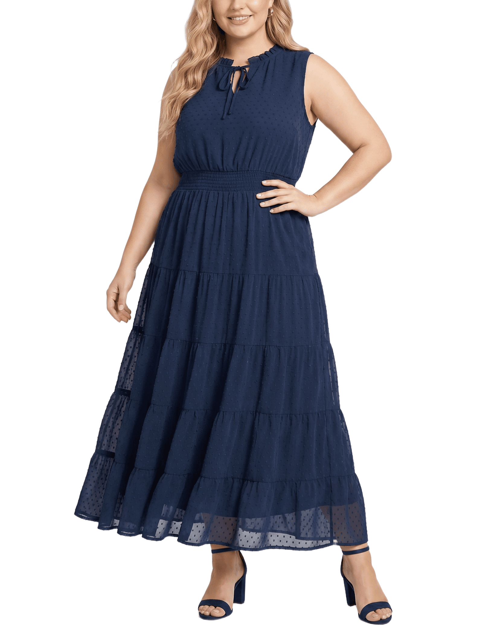 Plus Size Sleeveless Tiered Swiss Dot Maxi Dress