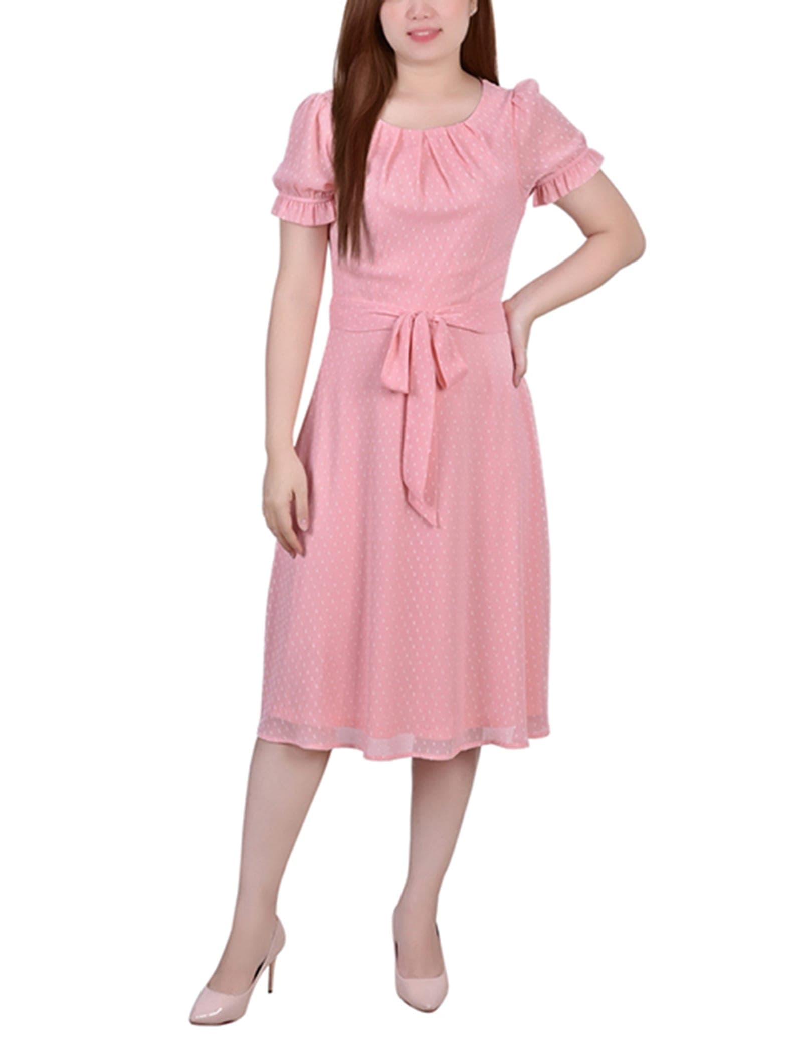 Petite Short Sleeve Belted Swiss Dot Dress