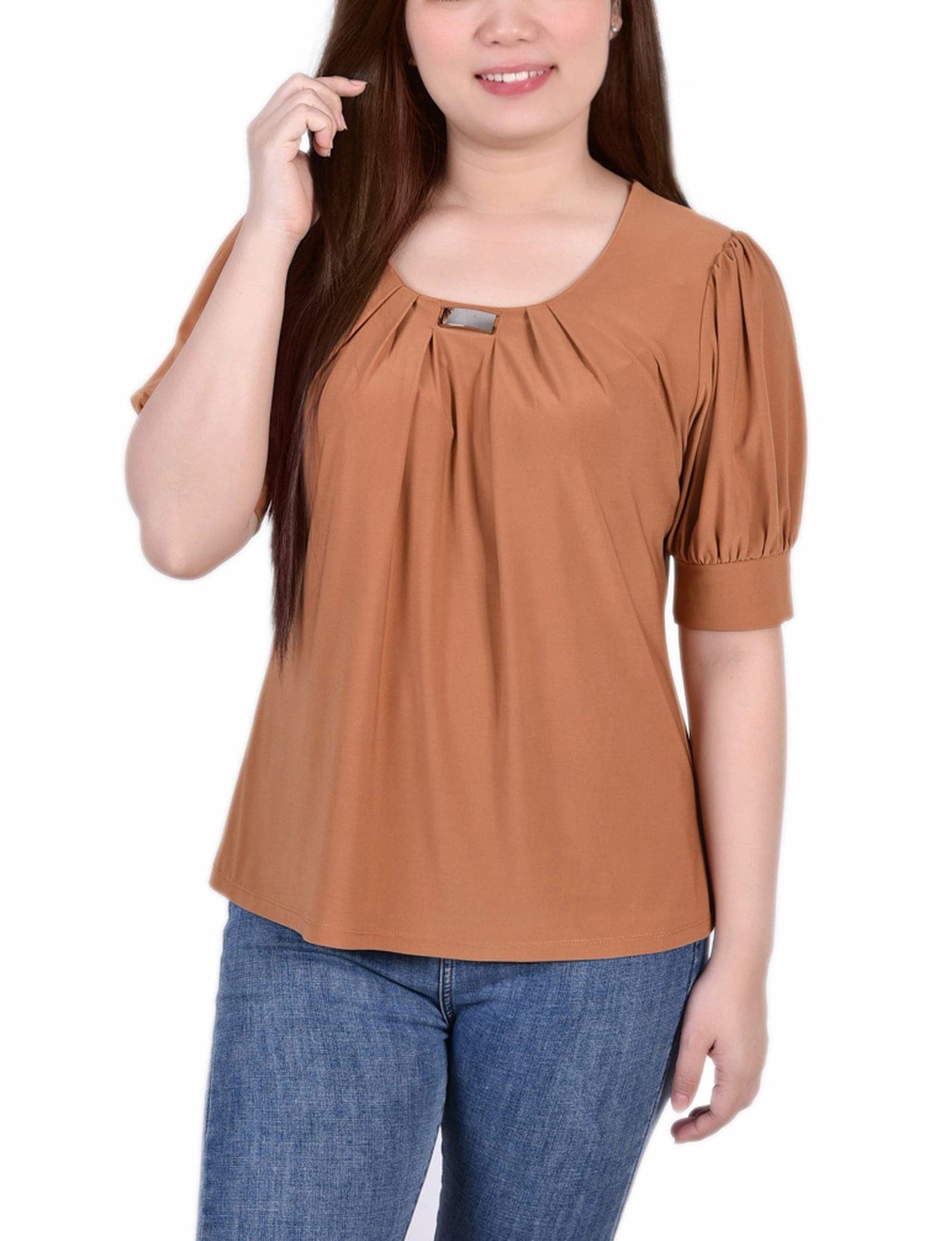 Short Sleeve Balloon Sleeve Top with Hardware