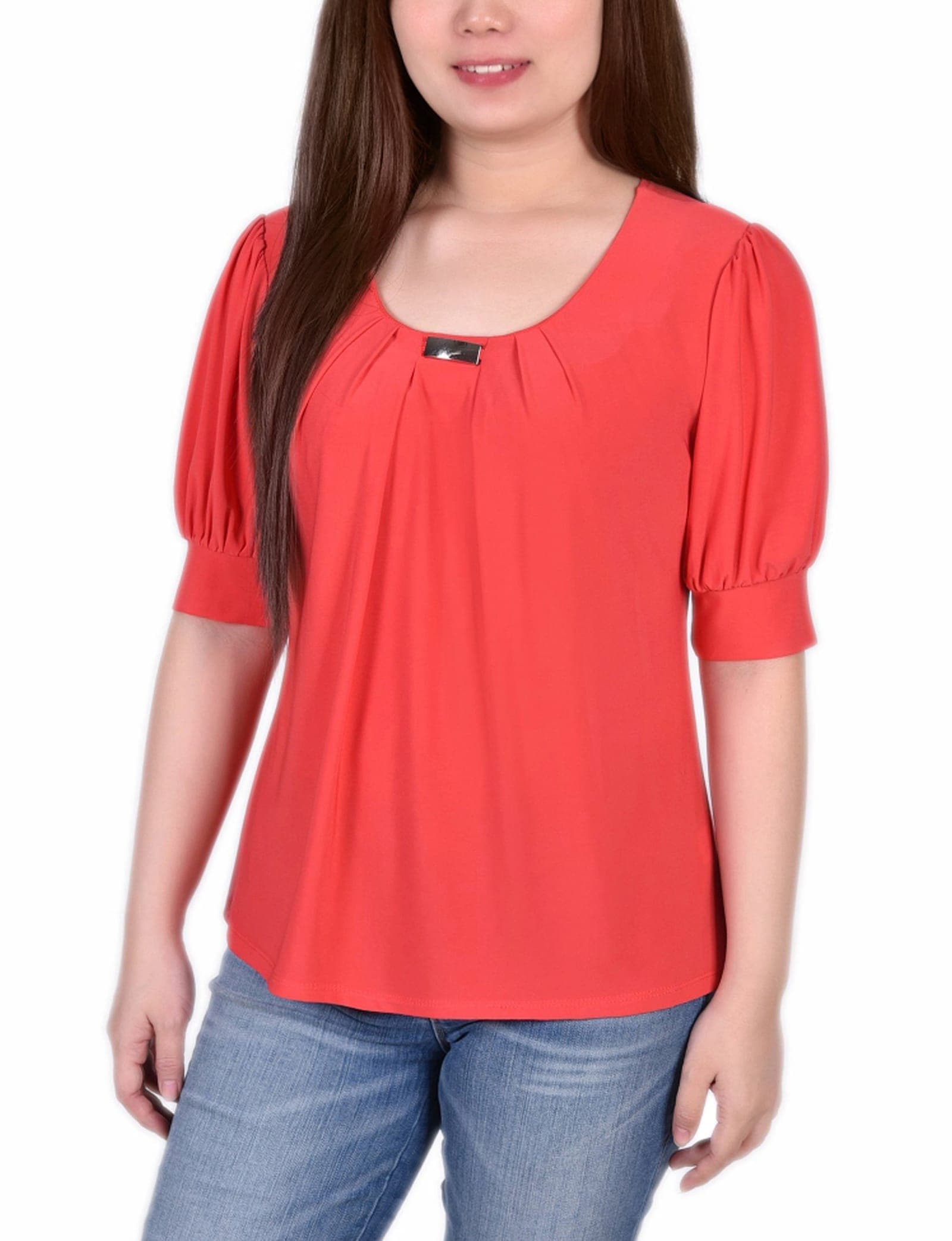 Short Sleeve Balloon Sleeve Top with Hardware