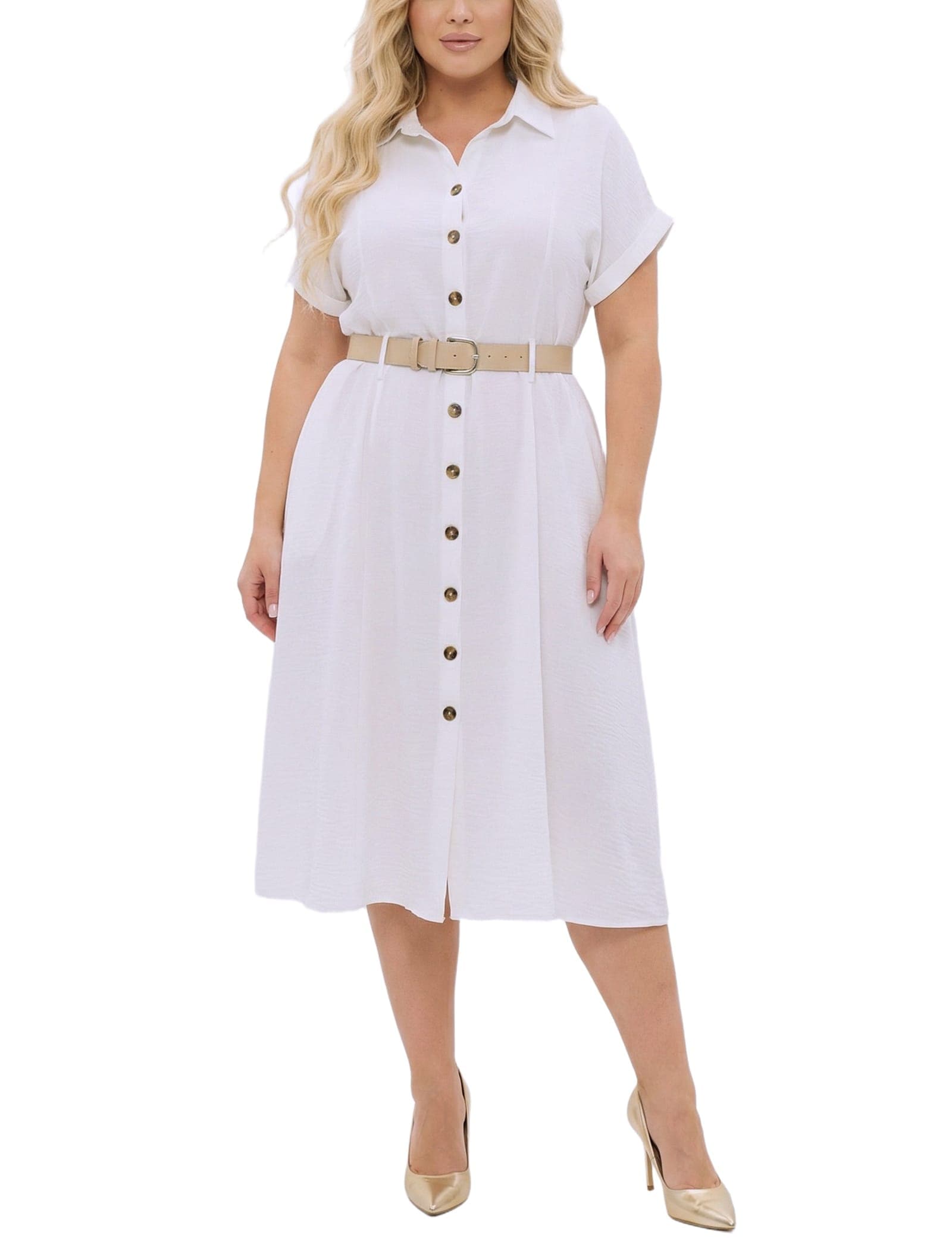Plus Size Short Sleeve Button Front Belted a-Line Dress