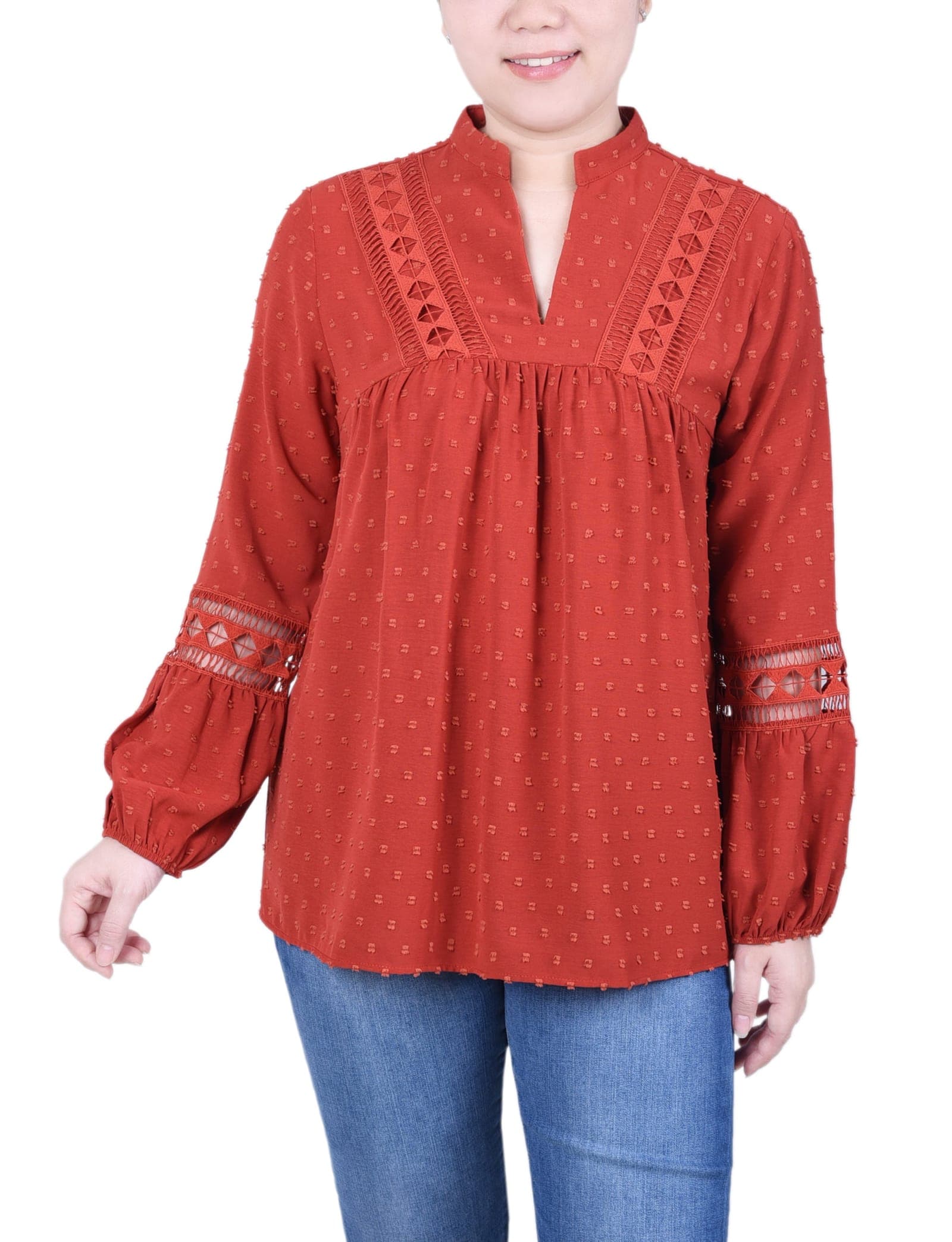 Petite Long Sleeve Blouse with Crochet Trim