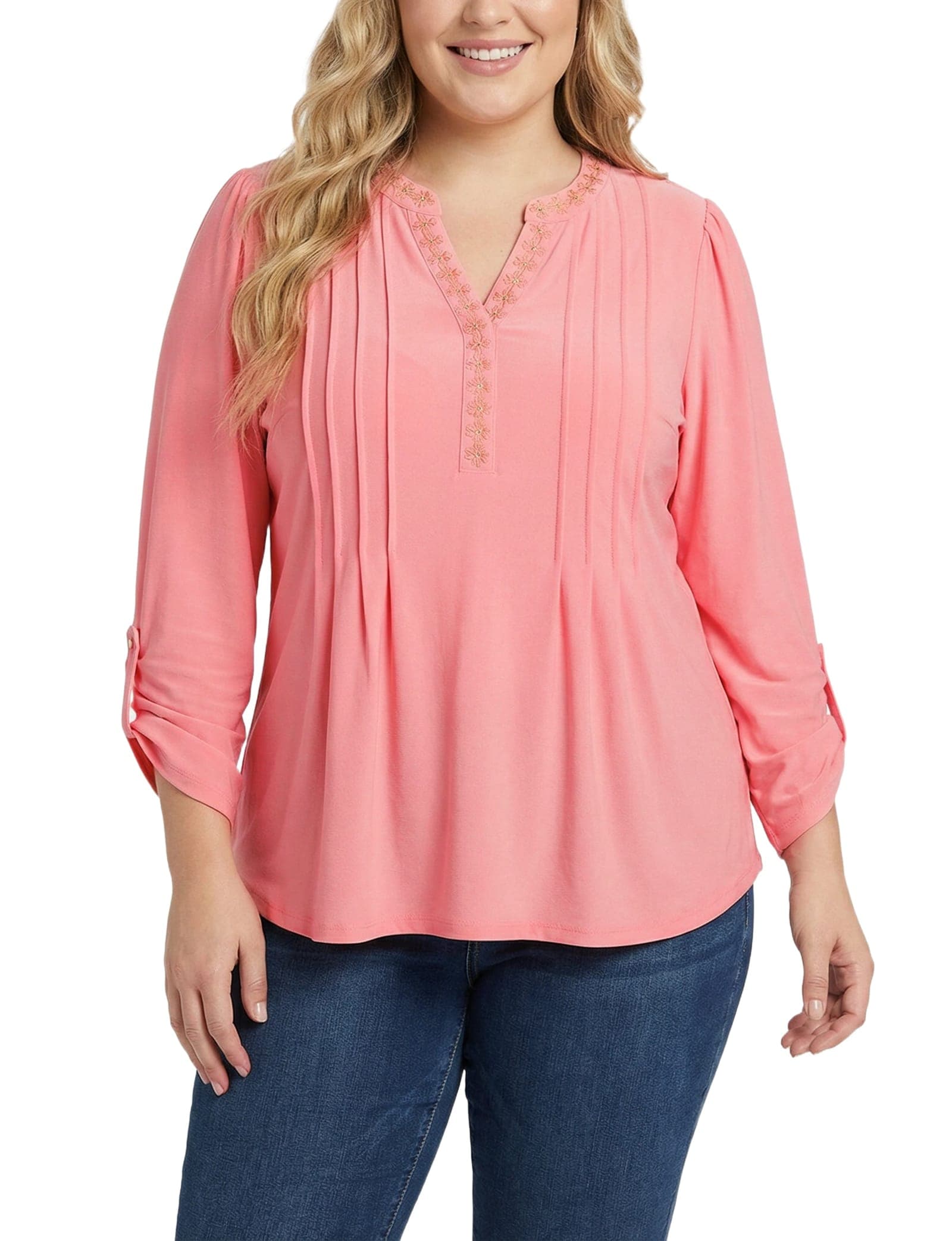 Plus Size Long Sleeve Pleat Front Roll Tab Top