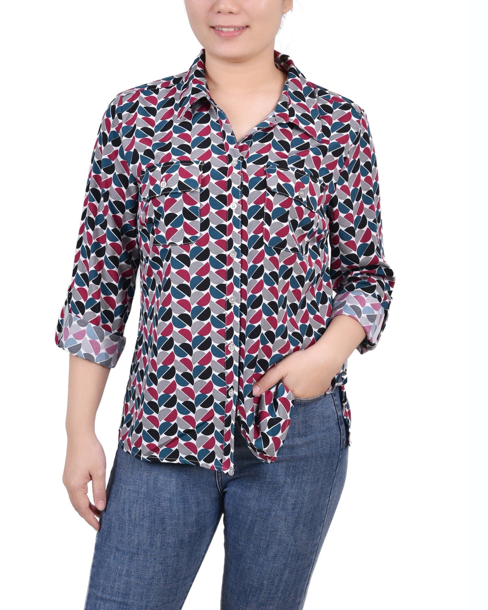 Petite 3/4 Roll Tab Blouse with Pockets