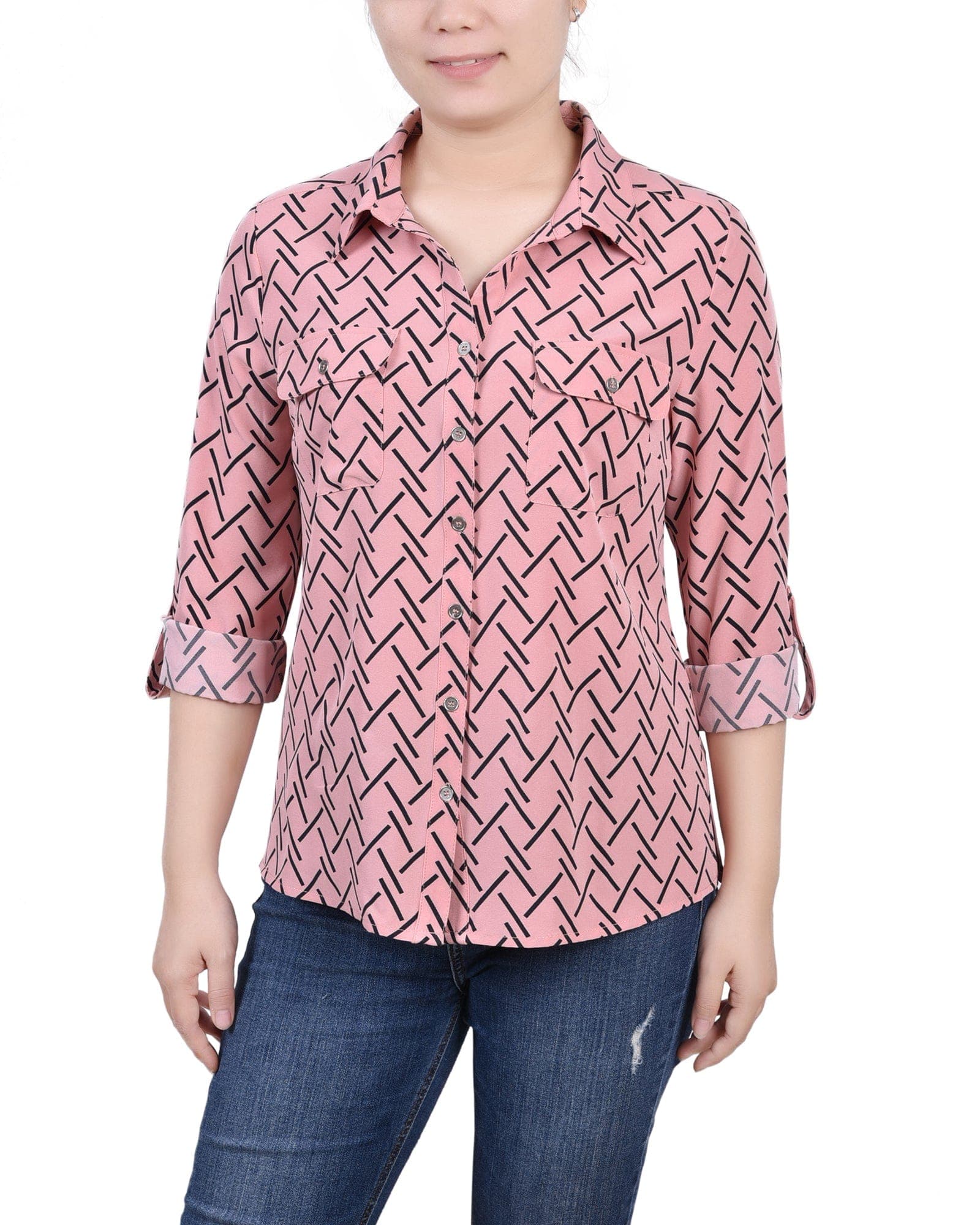 Petite 3/4 Roll Tab Blouse with Pockets