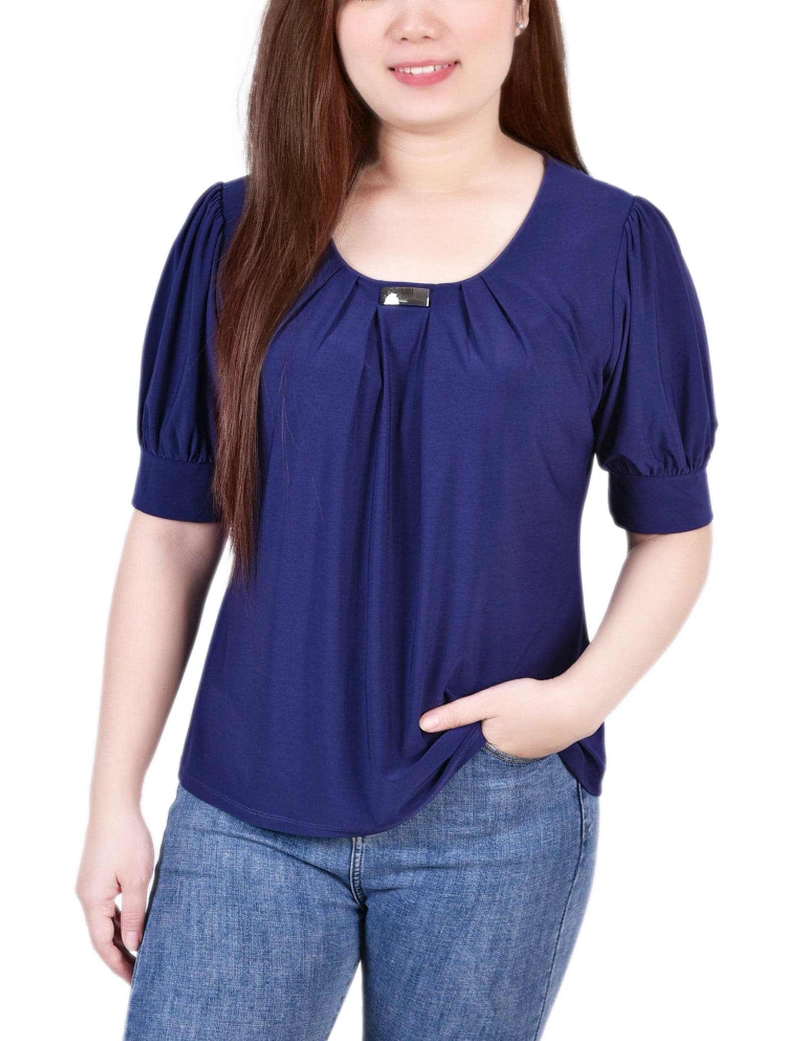 Short Sleeve Balloon Sleeve Top with Hardware