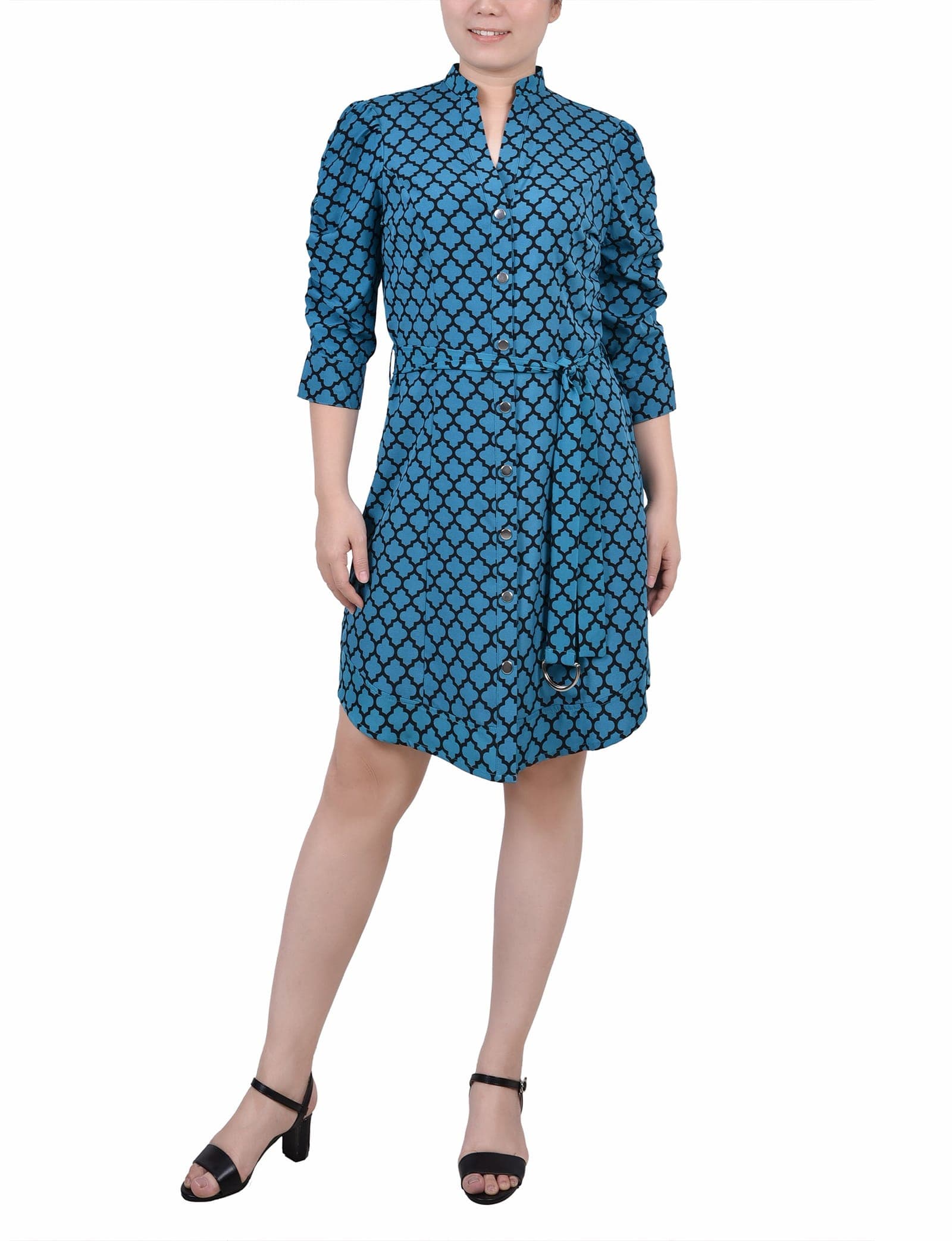 3/4 Rouched Sleeve Dress with Belt