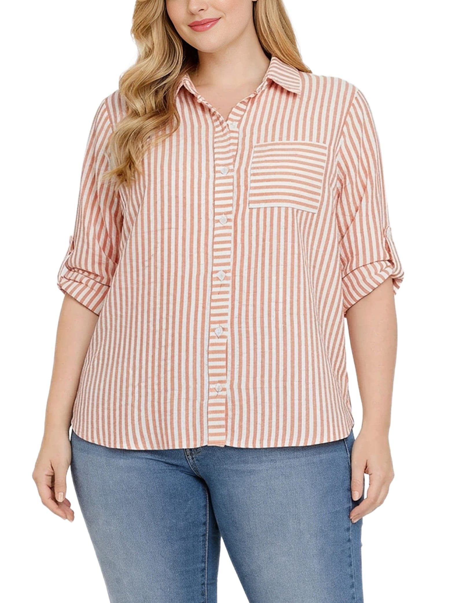 Plus Size 3/4 Sleeve Roll Tab Blouse