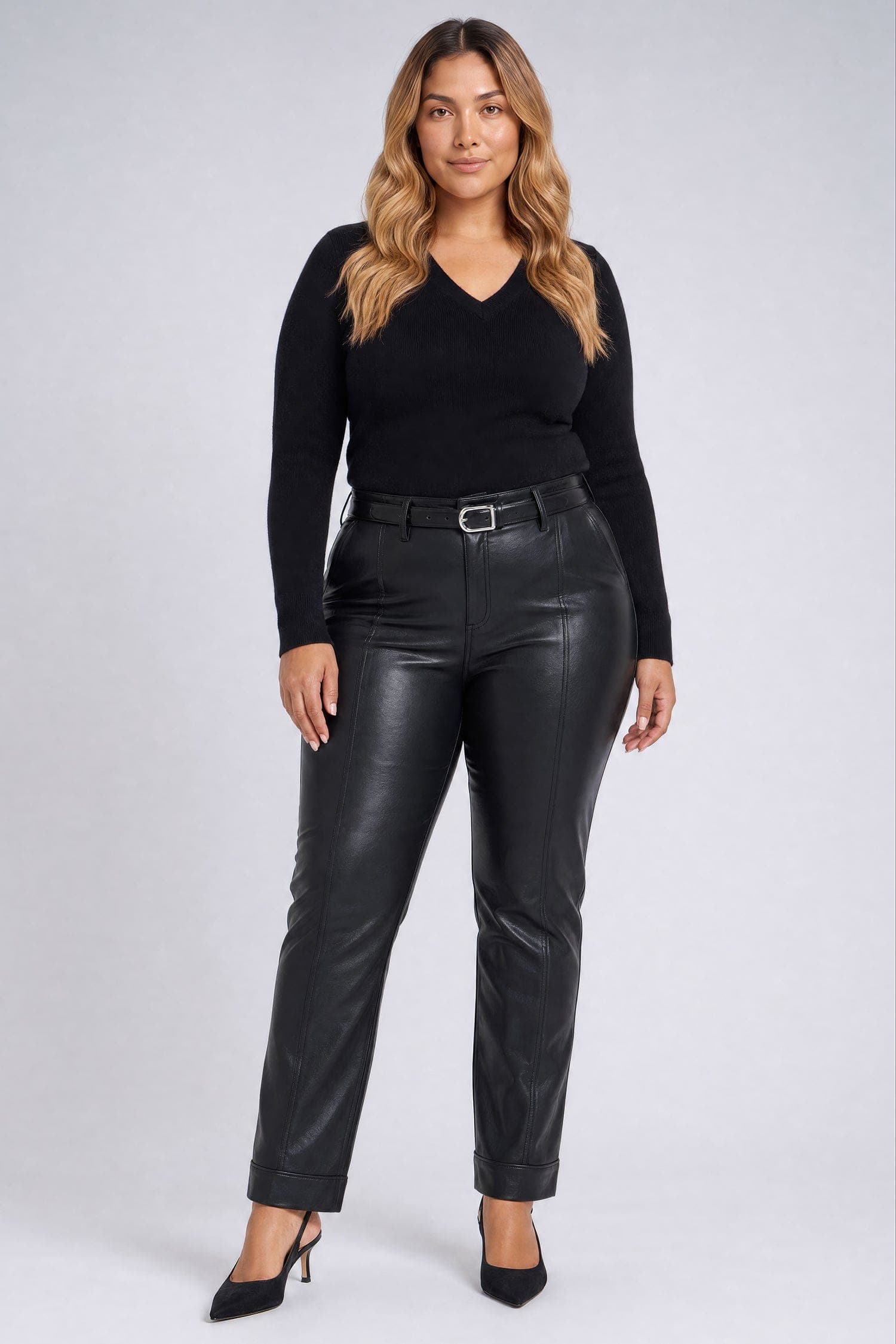 Vegan Leather Marilyn Straight Pants with Band Hems in Plus Size