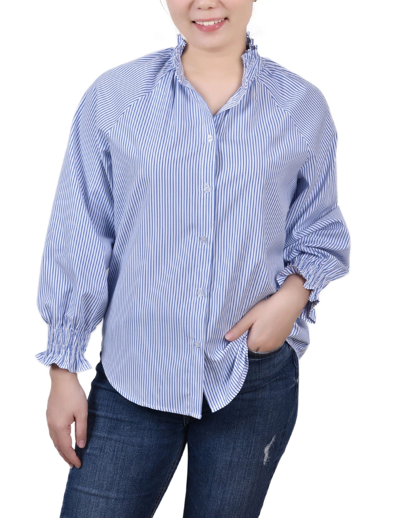 Petite Long Sleeve Button Front Blouse