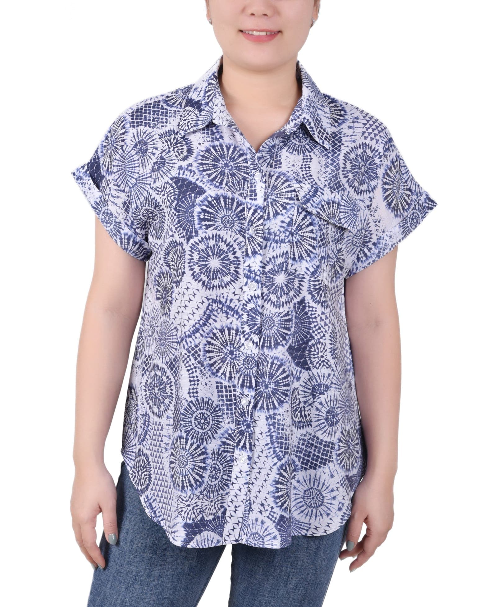Short Rolled Sleeve Button Front Blouse