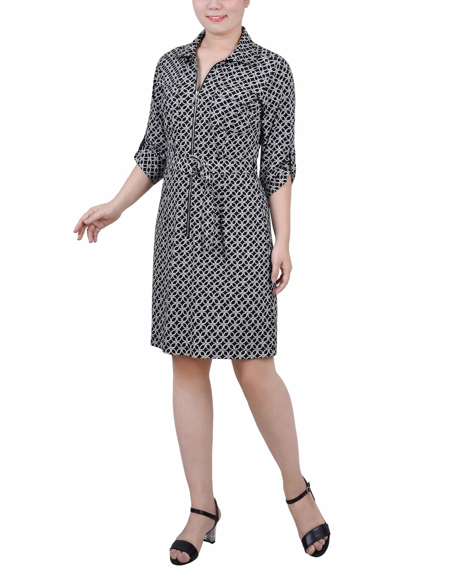 Petite Belted Roll Tab Zip Front Shirtdress