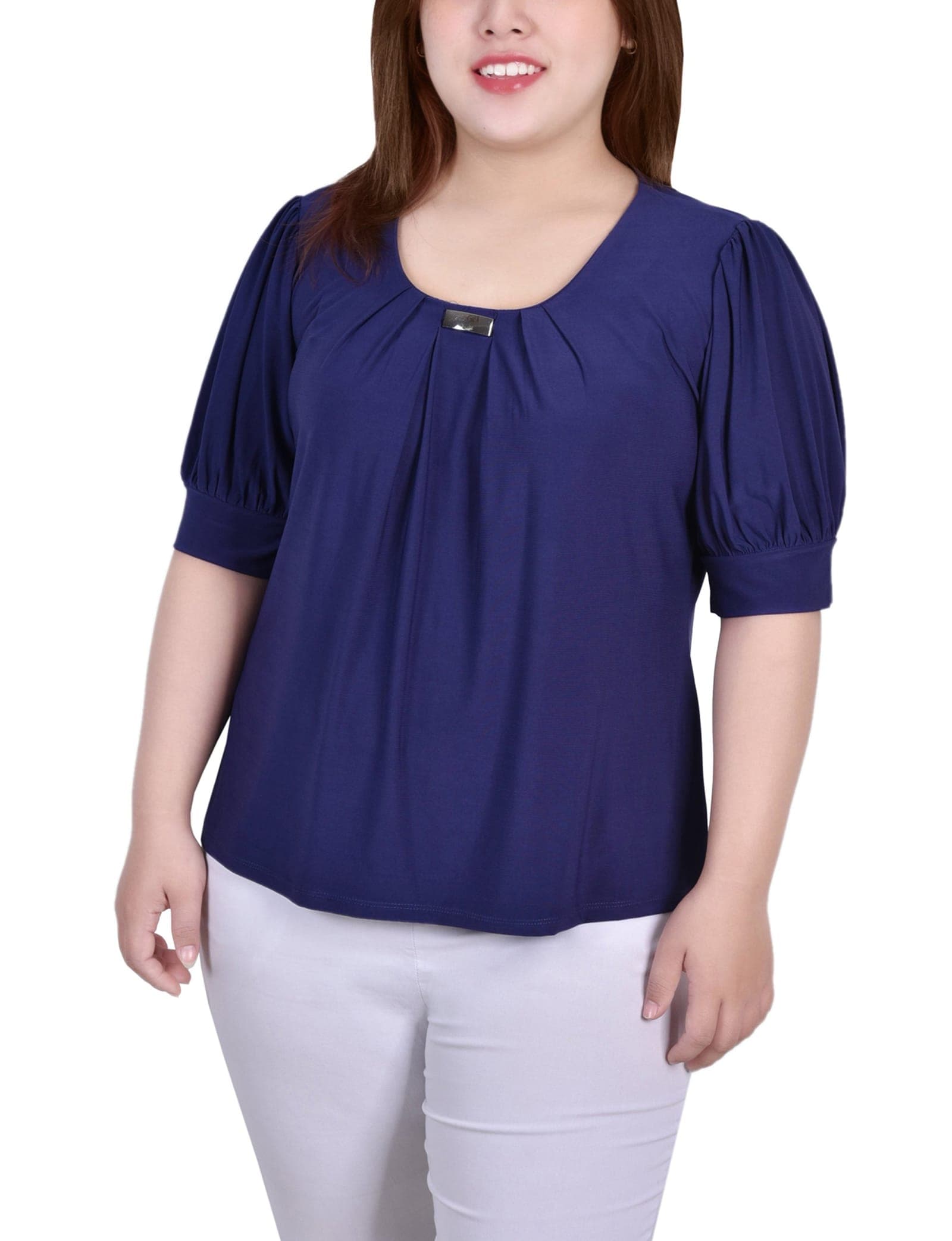 Plus Size Short Sleeve Balloon Sleeve Top with Hardware