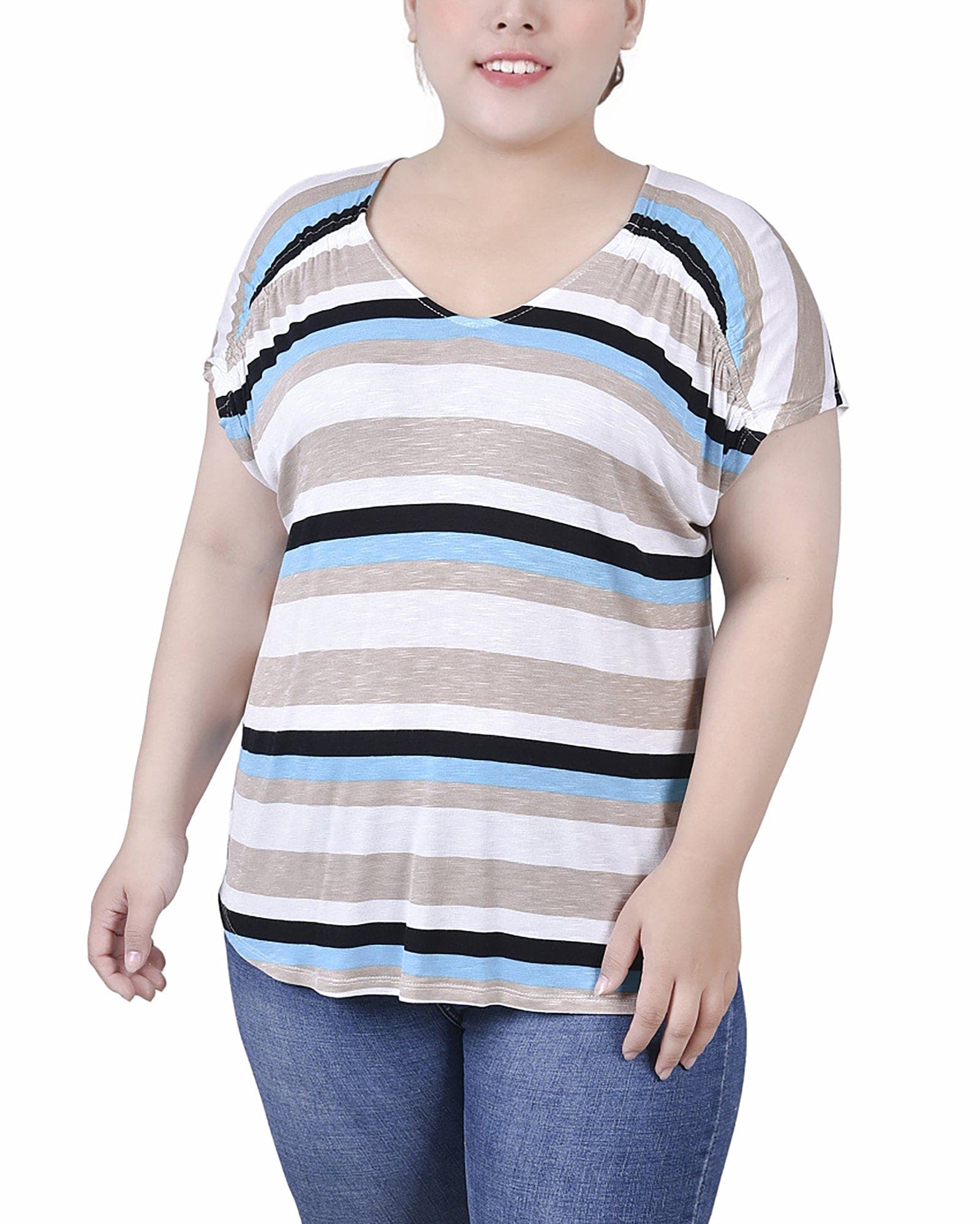 Plus Size Short Sleeve Striped V-Neck Top