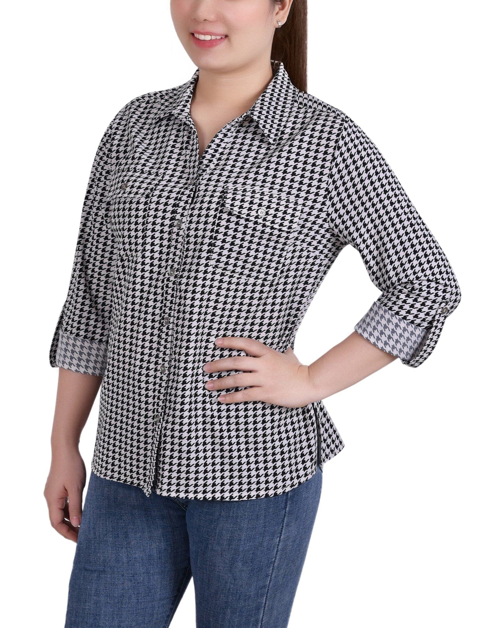 Petite 3/4 Roll Tab Blouse with Pockets